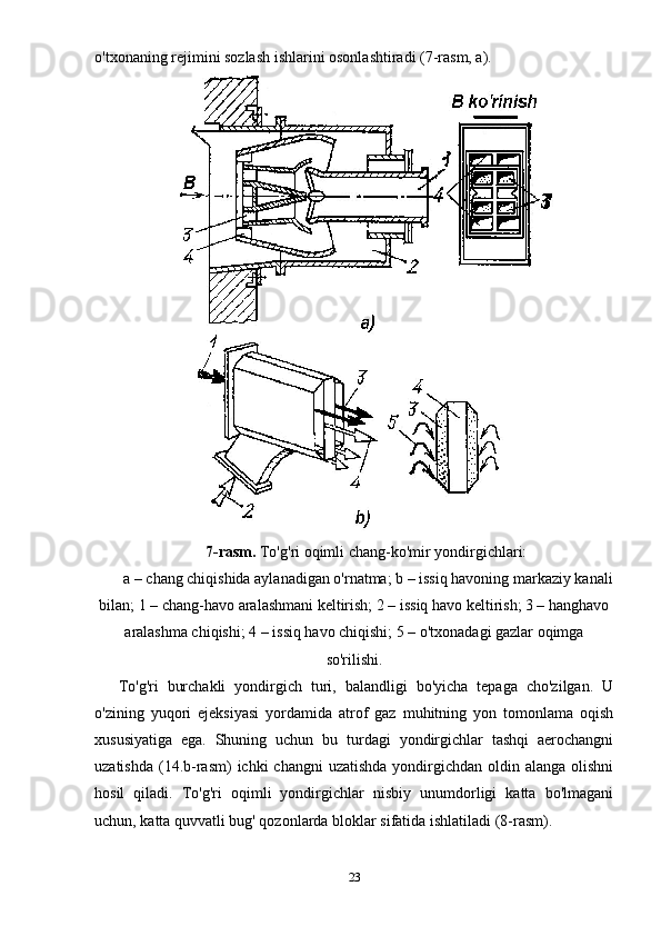o'txonaning rejimini sozlash ishlarini osonlashtiradi (7-rasm, a). 
7-rasm.  To'g'ri oqimli chang-ko'mir yondirgichlari:
 a – chang chiqishida aylanadigan o'rnatma; b – issiq havoning markaziy kanali
bilan; 1 – chang-havo aralashmani keltirish; 2 – issiq havo keltirish; 3 – hanghavo
aralashma chiqishi; 4 – issiq havo chiqishi; 5 – o'txonadagi gazlar oqimga
so'rilishi.
To'g'ri   burchakli   yondirgich   turi,   balandligi   bo'yicha   tepaga   cho'zilgan.   U
o'zining   yuqori   ejeksiyasi   yordamida   atrof   gaz   muhitning   yon   tomonlama   oqish
xususiyatiga   ega.   Shuning   uchun   bu   turdagi   yondirgichlar   tashqi   aerochangni
uzatishda  (14.b-rasm)   ichki  changni   uzatishda  yondirgichdan oldin  alanga  olishni
hosil   qiladi.   To'g'ri   oqimli   yondirgichlar   nisbiy   unumdorligi   katta   bo'lmagani
uchun, katta quvvatli bug' qozonlarda bloklar sifatida ishlatiladi (8-rasm).  
23 