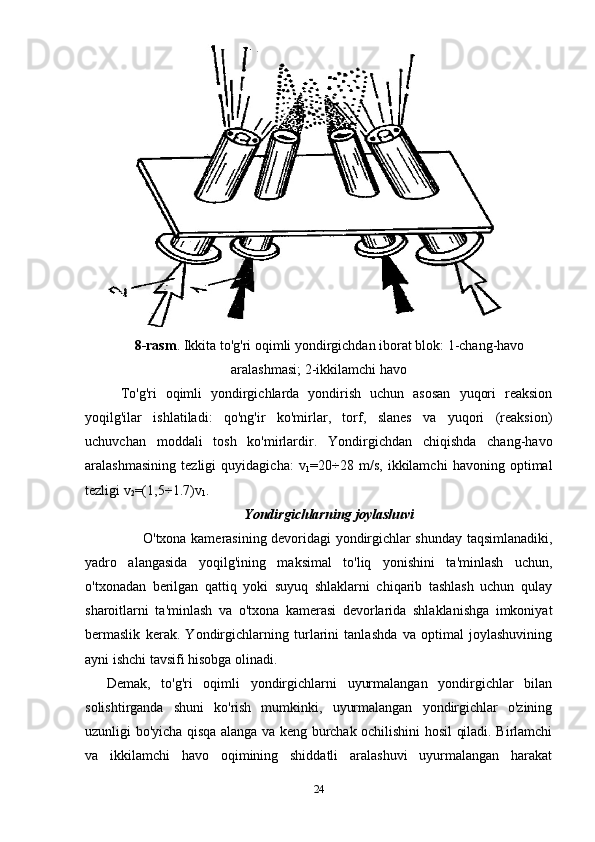 8-rasm . Ikkita to'g'ri oqimli yondirgichdan iborat blok: 1-chang-havo
aralashmasi; 2-ikkilamchi havo
  To'g'ri   oqimli   yondirgichlarda   yondirish   uchun   asosan   yuqori   reaksion
yoqilg'ilar   ishlatiladi:   qo'ng'ir   ko'mirlar,   torf,   slanes   va   yuqori   (reaksion)
uchuvchan   moddali   tosh   ko'mirlardir.   Yondirgichdan   chiqishda   chang-havo
aralashmasining   tezligi   quyidagicha:   v
1 =20 ÷ 28   m/s,   ikkilamchi   havoning   optimal
tezligi  v
2 =(1,5 ÷ 1.7)v
1 . 
Yondirgichlarning joylashuvi
                O'txona kamerasining devoridagi yondirgichlar shunday taqsimlanadiki,
yadro   alangasida   yoqilg'ining   maksimal   to'liq   yonishini   ta'minlash   uchun,
o'txonadan   berilgan   qattiq   yoki   suyuq   shlaklarni   chiqarib   tashlash   uchun   qulay
sharoitlarni   ta'minlash   va   o'txona   kamerasi   devorlarida   shlaklanishga   imkoniyat
bermaslik   kerak.   Yondirgichlarning   turlarini   tanlashda   va   optimal   joylashuvining
ayni ishchi tavsifi hisobga olinadi.  
Demak,   to'g'ri   oqimli   yondirgichlarni   uyurmalangan   yondirgichlar   bilan
solishtirganda   shuni   ko'rish   mumkinki,   uyurmalangan   yondirgichlar   o'zining
uzunligi bo'yicha qisqa alanga va keng burchak ochilishini hosil qiladi. Birlamchi
va   ikkilamchi   havo   oqimining   shiddatli   aralashuvi   uyurmalangan   harakat
24 