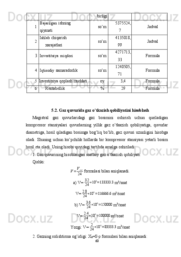birligi1	
Bajarilgan
  ishning
qiymati so’m 5375524,
7 Jadv al	
2	
Ishlab
  chi q arish
xarajatlari s o’ m 4135018,
99 Jadval	
3	Invest	itsi	ya
 	mi	qdori s o’ m 4271713,
33 Formula
4	
Iqtisodiy   samaradorlik s o’ m 1240505,
71 Formula	
5
Invest itsiya   q oplash   muddati oy 3,4 Formula
6
Rentabellik	% 29 Formula
5.2.  Gaz quvurida  gaz o’tkazish qobiliyatini  hisoblash
Magistral   gaz   quvurlaridagi   gaz   bosimini   oshirish   uchun   quriladigan
kompressor   stansiyalari   quvurlarning   yillik   gaz   o’tkazish   qobiliyatiga,   quvurlar
diametriga, hosil  qiladigan bosimga bog’liq bo’lib, gaz quvuri uzunligini hisobga
oladi.   Shuning   uchun   ko’pchilik   hollarda   bir   kompressor   stansiyasi   yetarli   bosim
hosil eta oladi. Uning hisobi quyidagi tartibda amalga oshiriladi:
1. Gaz quvurining hisoblangan soatbay gaz o’tkazish qobiliyati:
Qishki:	
V=	Vsut
24
 formulasi bilan aniqlanadi.
a) V=  3.2
24 ∗ 10 6
= 133333.3
 m 3
/soat
V=  2.8
24 ∗ 10 6
= 116666.6
 m 3
/soat
b) V=  3.6
24 ∗ 10 6
= 150000
 m 3
/soat
V= 	
2.4
24	∗10	6=100000  m 3
/soat
Yozgi: V= 	
2
24	∗10	6=83333.3  m 3
/soat
2. Gazning solishtirma og’irligi: X
0 =S·ρ formulasi bilan aniqlanadi:
60 