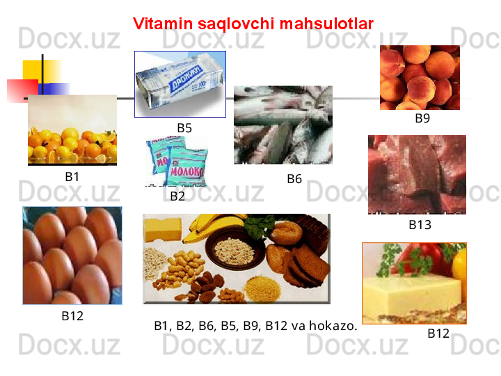 B1
B13
B12
B12B9
B 5
B6
В1, В2, В6, В5, В9, В12  v a hok azo .B2Vitamin saqlovchi mahsulotlar 