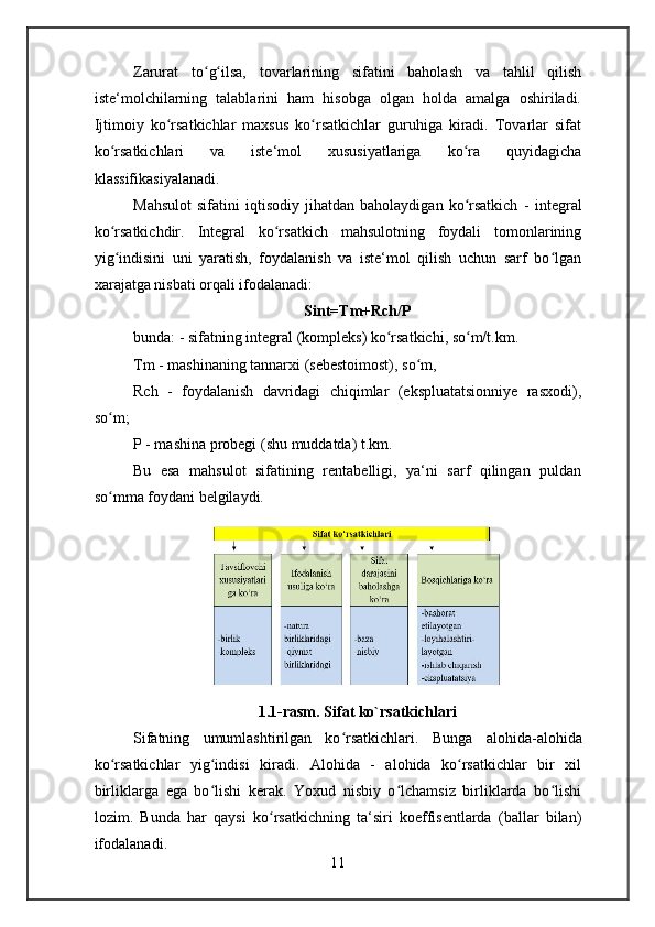 Zarurat   to g ilsa,   tovarlarining   sifatini   baholash   va   tahlil   qilishʻ ʻ
iste‘molchilarning   talablarini   ham   hisobga   olgan   holda   amalga   oshiriladi.
Ijtimoiy   ko rsatkichlar   maxsus   ko rsatkichlar   guruhiga   kiradi.   Tovarlar   sifat	
ʻ ʻ
ko rsatkichlari   va   iste‘mol   xususiyatlariga   ko ra   quyidagicha	
ʻ ʻ
klassifikasiyalanadi.
Mahsulot   sifatini   iqtisodiy   jihatdan   baholaydigan   ko rsatkich   -  	
ʻ integral
ko rsatkich	
ʻ dir.   Integral   ko rsatkich   mahsulotning   foydali   tomonlarining	ʻ
yig indisini   uni   yaratish,   foydalanish   va   iste‘mol   qilish   uchun   sarf   bo lgan	
ʻ ʻ
xarajatga nisbati orqali ifodalanadi:
Sint=Tm+Rch/P
bunda: - sifatning integral (kompleks) ko rsatkichi, so m/t.km.	
ʻ ʻ
Tm - mashinaning tannarxi (sebestoimost), so m,	
ʻ
Rch   -   foydalanish   davridagi   chiqimlar   (ekspluatatsionniye   rasxodi),
so m;	
ʻ
P - mashina probegi (shu muddatda) t.km.
Bu   esa   mahsulot   sifatining   rentabelligi,   ya‘ni   sarf   qilingan   puldan
so mma foydani belgilaydi.
ʻ
1.1-rasm. Sifat ko`rsatkichlari
Sifatning   umumlashtirilgan   ko rsatkichlari.  	
ʻ Bunga   alohida-alohida
ko rsatkichlar   yig indisi   kiradi.   Alohida   -   alohida   ko rsatkichlar   bir   xil	
ʻ ʻ ʻ
birliklarga   ega   bo lishi   kerak.   Yoxud   nisbiy   o lchamsiz   birliklarda   bo lishi	
ʻ ʻ ʻ
lozim.   Bunda   har   qaysi   ko rsatkichning   ta‘siri   koeffisentlarda   (ballar   bilan)	
ʻ
ifodalanadi.
11 