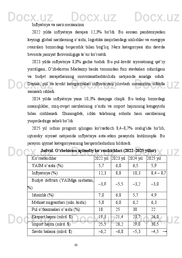 20Inflyatsiya va narx mexanizmi
2022   yilda   inflyatsiya   darajasi   12,3%   bo‘ldi.   Bu   asosan   pandemiyadan
keyingi global narxlarning o‘sishi, logistika zanjirlaridagi uzilishlar va energiya
resurslari   bozoridagi   beqarorlik   bilan   bog‘liq.   Narx   kategoriyasi   shu   davrda
bevosita jamiyat farovonligiga ta’sir ko‘rsatdi.
2023   yilda   inflyatsiya   8,8%   gacha   tushdi.   Bu   pul-kredit   siyosatining   qat’iy
yuritilgani,   O‘zbekiston   Markaziy   banki   tomonidan   foiz   stavkalari   oshirilgani
va   budjet   xarajatlarining   muvozanatlashtirilishi   natijasida   amalga   oshdi.
Demak,   pul   va   kredit   kategoriyalari   inflyatsiyani   jilovlash   mexanizmi   sifatida
samarali ishladi.
2024   yilda   inflyatsiya   yana   10,3%   darajaga   chiqdi.   Bu   tashqi   bozordagi
noaniqliklar,   oziq-ovqat   narxlarining   o‘sishi   va   import   hajmining   kengayishi
bilan   izohlanadi.   Shuningdek,   ichki   talabning   oshishi   ham   narxlarning
yuqorilashiga sabab bo‘ldi.
2025   yil   uchun   prognoz   qilingan   ko‘rsatkich   8,4–8,7%   oralig‘ida   bo‘lib,
iqtisodiy   siyosat   natijasida   inflyatsiya   asta-sekin   pasayishi   kutilmoqda.   Bu
jarayon qiymat kategoriyasining barqarorlashishini bildiradi.
Jadval. O‘zbekiston iqtisodiy ko‘rsatkichlari (2022–2025 yillar)
Ko‘rsatkichlar 2022 yil 2023 yil 2024 yil 2025 yil
YAIM o‘sishi (%) 5,7 6,0 6,5 5,9
Inflyatsiya (%) 12,3 8,8 10,3 8,4 – 8,7
Budjet   defitsiti   (YAIMga   nisbatan,
%) –3,9 –5,5 –3,2 –3,0
Ishsizlik (%) 7,0 6,8 5,7 4,9
Mehnat migrantlari (mln. kishi) 5,8 6,0 6,2 6,3
Pul o‘tkazmalari o‘sishi (%) 18 25 30 22
Eksport hajmi (mlrd. $) 19,3 21,4 23,7 26,0
Import hajmi (mlrd. $) 25,5 28,2 29,0 30,5
Savdo balansi (mlrd. $) –6,2 –6,8 –5,3 –4,5   → 