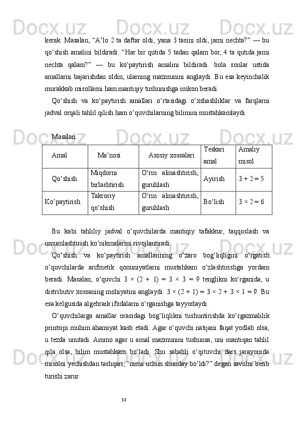 14kerak. Masalan,  “A’lo 2 ta daftar oldi, yana 3 tasini oldi, jami nechta?” — bu
qo‘shish amalini bildiradi. “Har bir qutida 5 tadan qalam  bor, 4 ta qutida jami
nechta   qalam?”   —   bu   ko‘paytirish   amalini   bildiradi.   bola   sonlar   ustida
amallarni  bajarishdan  oldin, ularning mazmunini  anglaydi.  Bu esa  keyinchalik
murakkab misollarni ham mantiqiy tushunishga imkon beradi.
Qo‘shish   va   ko‘paytirish   amallari   o‘rtasidagi   o‘xshashliklar   va   farqlarni
jadval orqali tahlil qilish ham o‘quvchilarning bilimini mustahkamlaydi. 
Masalan:
Amal Ma’nosi Asosiy xossalari Teskari
amal Amaliy
misol
Qo‘shish Miqdorni
birlashtirish O‘rin   almashtirish,
guruhlash Ayirish 3 + 2 = 5
Ko‘paytirish Takroriy
qo‘shish O‘rin   almashtirish,
guruhlash Bo‘lish 3 × 2 = 6
Bu   kabi   tahliliy   jadval   o‘quvchilarda   mantiqiy   tafakkur,   taqqoslash   va
umumlashtirish ko‘nikmalarini rivojlantiradi.
Qo‘shish   va   ko‘paytirish   amallarining   o‘zaro   bog‘liqligini   o‘rgatish
o‘quvchilarda   arifmetik   qonuniyatlarni   mustahkam   o‘zlashtirishga   yordam
beradi.   Masalan,   o‘quvchi   3   ×   (2   +   1)   =   3   ×   3   =   9   tenglikni   ko‘rganida,   u
distributiv xossaning mohiyatini anglaydi: 3 × (2 + 1) = 3 × 2 + 3 × 1 = 9. Bu
esa kelgusida algebraik ifodalarni o‘rganishga tayyorlaydi.
O‘quvchilarga   amallar   orasidagi   bog‘liqlikni   tushuntirishda   ko‘rgazmalilik
printsipi muhim ahamiyat kasb etadi. Agar o‘quvchi natijani faqat yodlab olsa,
u   tezda   unutadi.   Ammo   agar   u   amal   mazmunini   tushunsa,   uni   mantiqan   tahlil
qila   olsa,   bilim   mustahkam   bo‘ladi.   Shu   sababli   o‘qituvchi   dars   jarayonida
misolni yechishdan tashqari, “nima uchun shunday bo‘ldi?” degan savolni berib
turishi zarur.