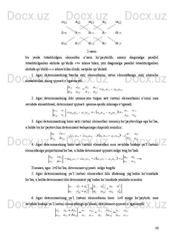 2-rasm.
bu   y erda   tutashtirilgan   elementlar   o’zaro   ko’paytirilib,   asosiy   diagonalga   parallel
tutashtirilganlari   alohida   qo’shilib   «+»   ishora   bilan,   yon   diagonalga   parallel   tutashtirilganlari
alohida qo’shilib «-» ishora bilan olinib, natijalar qo’shiladi.
1. Agar   determinantning   barcha   satr   elementlarini   ustun   elementlariga   yoki   aksincha
almashtirilsa, uning qiymati o’zgarmaydi: 
.
2. Agar   determinantning   ikki   yonma-yon   turgan   satr   (ustun)   elementlarini   o’rnini   mos
ravishda almashtirsak, determinant qiymati  qarama-qarshi ishoraga o’zgaradi:
3. Agar determinantning biror satri (ustun) elementlari umumiy ko’paytuvchiga ega bo’lsa,
u holda bu ko’paytuvchini determinant tashqarisiga chiqarish mumkin:
4. Agar   determinantning   biror   satr   (ustun)   elementlari   mos   ravishda   boshqa   yo’l   (ustun)
elementlariga proportsional bo’lsa, u holda determinant qiymati nolga teng bo’ladi:
Xususan, agar  =0 bo’lsa, determinant qiymati  nolga tengdir.
5. Agar   determinantning   yo’l   (ustun)   elementlari   ikki   ifodaning   yig’indisi   ko’rinishida
bo’lsa, u holda determinant ikki determinant yig’indisi ko’rinishida yozilishi mumkin:
6. Agar   determinantning   yo’l   (ustun)   elementlarini   biror  	
 0   songa   ko’paytirib,   mos
ravishda boshqa yo’l (ustun) elementlariga qo’shsak, determinant qiymati o’zgarmaydi:
25 