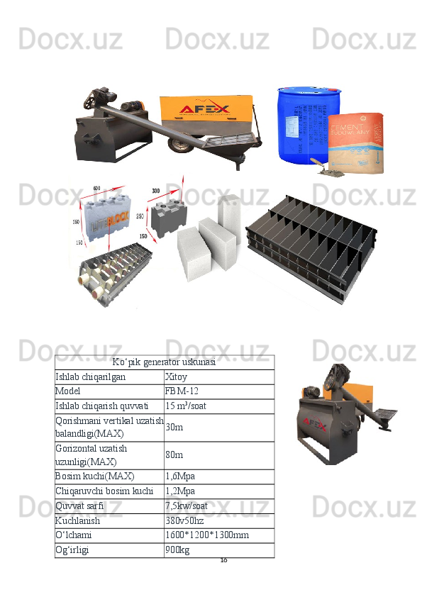  
16  Ko‘pik generator uskunasi
Ishlab chiqarilgan Xitoy
Model FBM-12
Ishlab chiqarish quvvati 1 5  m 3
/soat
Qorishmani vertikal uzatish
balandligi(MAX) 30m
Gorizontal uzatish 
uzunligi(MAX) 80m
Bosim kuchi(MAX) 1,6Mpa
Chiqaruvchi bosim kuchi 1,2Mpa
Quvvat sarfi 7,5kw/soat
Kuchlanish 380v50hz
O‘lchami 1600*1200*1300mm
Og‘irligi 900kg 