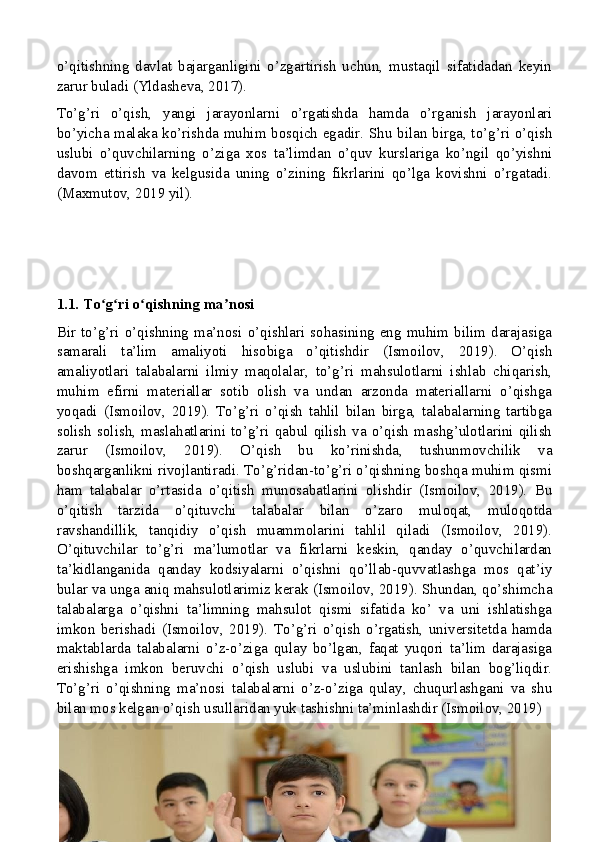 o’qitishning   davlat   bajarganligini   o’zgartirish   uchun,   mustaqil   sifatidadan   keyin
zarur buladi (Yldasheva, 2017).
To’g’ri   o’qish,   yangi   jarayonlarni   o’rgatishda   hamda   o’rganish   jarayonlari
bo’yicha malaka ko’rishda muhim bosqich egadir. Shu bilan birga, to’g’ri o’qish
uslubi   o’quvchilarning   o’ziga   xos   ta’limdan   o’quv   kurslariga   ko’ngil   qo’yishni
davom   ettirish   va   kelgusida   uning   o’zining   fikrlarini   qo’lga   kovishni   o’rgatadi.
(Maxmutov, 2019 yil).
1.1. To g ri o qishning ma nosiʻ ʻ ʻ ʼ
Bir  to’g’ri  o’qishning  ma’nosi  o’qishlari  sohasining  eng  muhim  bilim  darajasiga
samarali   ta’lim   amaliyoti   hisobiga   o’qitishdir   (Ismoilov,   2019).   O’qish
amaliyotlari   talabalarni   ilmiy   maqolalar,   to’g’ri   mahsulotlarni   ishlab   chiqarish,
muhim   efirni   materiallar   sotib   olish   va   undan   arzonda   materiallarni   o’qishga
yoqadi   (Ismoilov,   2019).   To’g’ri   o’qish   tahlil   bilan   birga,   talabalarning   tartibga
solish  solish,  maslahatlarini  to’g’ri   qabul   qilish   va   o’qish  mashg’ulotlarini   qilish
zarur   (Ismoilov,   2019).   O’qish   bu   ko’rinishda,   tushunmovchilik   va
boshqarganlikni rivojlantiradi. To’g’ridan-to’g’ri o’qishning boshqa muhim qismi
ham   talabalar   o’rtasida   o’qitish   munosabatlarini   olishdir   (Ismoilov,   2019).   Bu
o’qitish   tarzida   o’qituvchi   talabalar   bilan   o’zaro   muloqat,   muloqotda
ravshandillik,   tanqidiy   o’qish   muammolarini   tahlil   qiladi   (Ismoilov,   2019).
O’qituvchilar   to’g’ri   ma’lumotlar   va   fikrlarni   keskin,   qanday   o’quvchilardan
ta’kidlanganida   qanday   kodsiyalarni   o’qishni   qo’llab-quvvatlashga   mos   qat’iy
bular va unga aniq mahsulotlarimiz kerak (Ismoilov, 2019). Shundan, qo’shimcha
talabalarga   o’qishni   ta’limning   mahsulot   qismi   sifatida   ko’   va   uni   ishlatishga
imkon   berishadi   (Ismoilov,   2019).   To’g’ri   o’qish   o’rgatish,   universitetda   hamda
maktablarda   talabalarni   o’z-o’ziga   qulay   bo’lgan,   faqat   yuqori   ta’lim   darajasiga
erishishga   imkon   beruvchi   o’qish   uslubi   va   uslubini   tanlash   bilan   bog’liqdir.
To’g’ri   o’qishning   ma’nosi   talabalarni   o’z-o’ziga   qulay,   chuqurlashgani   va   shu
bilan mos kelgan o’qish usullaridan yuk tashishni ta’minlashdir (Ismoilov, 2019)
6 