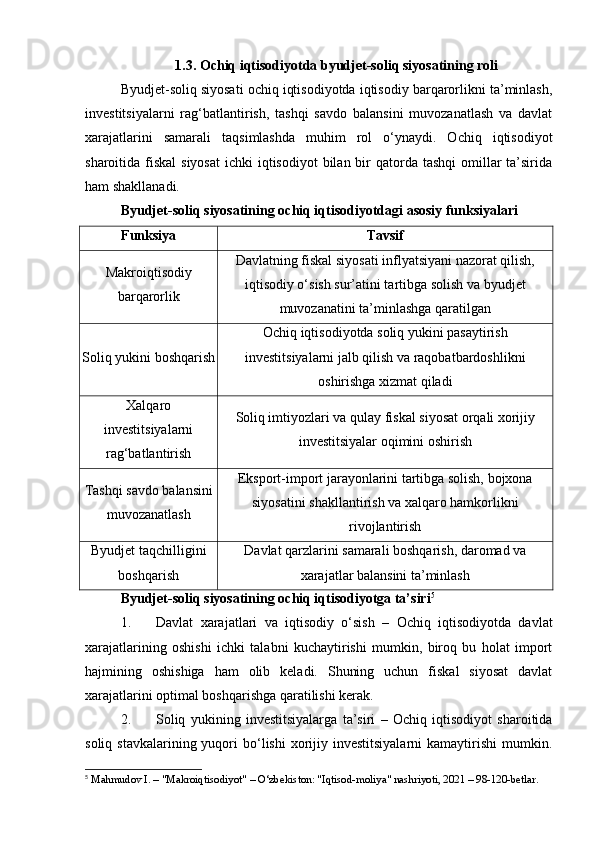 1.3. Ochiq iqtisodiyotda byudjet-soliq siyosatining roli
Byudjet-soliq siyosati ochiq iqtisodiyotda iqtisodiy barqarorlikni ta’minlash,
investitsiyalarni   rag‘batlantirish,   tashqi   savdo   balansini   muvozanatlash   va   davlat
xarajatlarini   samarali   taqsimlashda   muhim   rol   o‘ynaydi.   Ochiq   iqtisodiyot
sharoitida fiskal  siyosat  ichki  iqtisodiyot  bilan bir  qatorda tashqi  omillar  ta’sirida
ham shakllanadi.
Byudjet-soliq siyosatining ochiq iqtisodiyotdagi asosiy funksiyalari
Funksiya Tavsif
Makroiqtisodiy
barqarorlik Davlatning fiskal siyosati inflyatsiyani nazorat qilish,
iqtisodiy o‘sish sur’atini tartibga solish va byudjet
muvozanatini ta’minlashga qaratilgan
Soliq yukini boshqarish Ochiq iqtisodiyotda soliq yukini pasaytirish
investitsiyalarni jalb qilish va raqobatbardoshlikni
oshirishga xizmat qiladi
Xalqaro
investitsiyalarni
rag‘batlantirish Soliq imtiyozlari va qulay fiskal siyosat orqali xorijiy
investitsiyalar oqimini oshirish
Tashqi savdo balansini
muvozanatlash Eksport-import jarayonlarini tartibga solish, bojxona
siyosatini shakllantirish va xalqaro hamkorlikni
rivojlantirish
Byudjet taqchilligini
boshqarish Davlat qarzlarini samarali boshqarish, daromad va
xarajatlar balansini ta’minlash
Byudjet-soliq siyosatining ochiq iqtisodiyotga ta’siri 5
1. Davlat   xarajatlari   va   iqtisodiy   o‘sish   –   Ochiq   iqtisodiyotda   davlat
xarajatlarining   oshishi   ichki   talabni   kuchaytirishi   mumkin,   biroq   bu   holat   import
hajmining   oshishiga   ham   olib   keladi.   Shuning   uchun   fiskal   siyosat   davlat
xarajatlarini optimal boshqarishga qaratilishi kerak.
2. Soliq   yukining   investitsiyalarga   ta’siri   –   Ochiq   iqtisodiyot   sharoitida
soliq  stavkalarining yuqori  bo‘lishi   xorijiy  investitsiyalarni   kamaytirishi  mumkin.
5
 Mahmudov I. – "Makroiqtisodiyot" – O‘zbekiston: "Iqtisod-moliya" nashriyoti, 2021 – 98-120-betlar. 