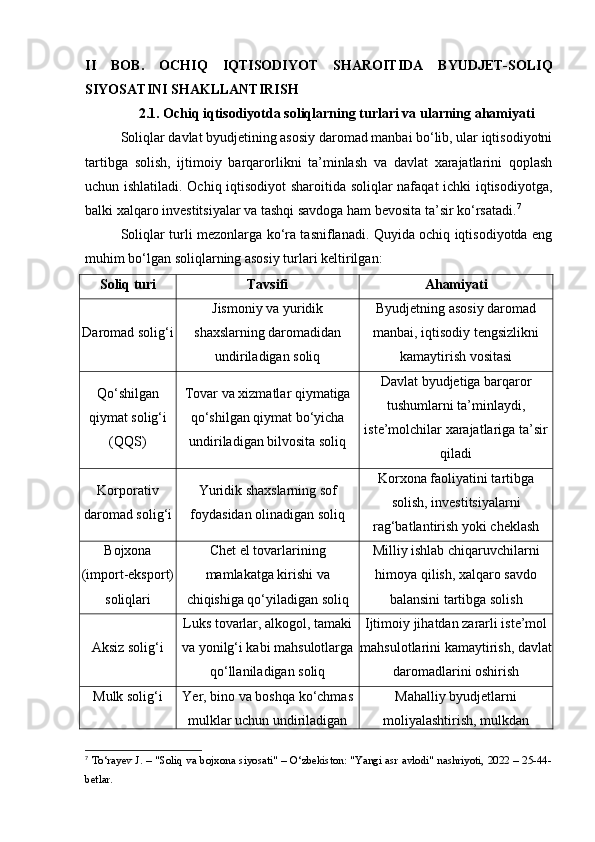 II   BOB.   OCHIQ   IQTISODIYOT   SHAROITIDA   BYUDJET-SOLIQ
SIYOSATINI SHAKLLANTIRISH
2.1. Ochiq iqtisodiyotda soliqlarning turlari va ularning ahamiyati
Soliqlar davlat byudjetining asosiy daromad manbai bo‘lib, ular iqtisodiyotni
tartibga   solish,   ijtimoiy   barqarorlikni   ta’minlash   va   davlat   xarajatlarini   qoplash
uchun ishlatiladi. Ochiq iqtisodiyot  sharoitida soliqlar nafaqat  ichki iqtisodiyotga,
balki xalqaro investitsiyalar va tashqi savdoga ham bevosita ta’sir ko‘rsatadi. 7
Soliqlar turli mezonlarga ko‘ra tasniflanadi. Quyida ochiq iqtisodiyotda eng
muhim bo‘lgan soliqlarning asosiy turlari keltirilgan:
Soliq turi Tavsifi Ahamiyati
Daromad solig‘i Jismoniy va yuridik
shaxslarning daromadidan
undiriladigan soliq Byudjetning asosiy daromad
manbai, iqtisodiy tengsizlikni
kamaytirish vositasi
Qo‘shilgan
qiymat solig‘i
(QQS) Tovar va xizmatlar qiymatiga
qo‘shilgan qiymat bo‘yicha
undiriladigan bilvosita soliq Davlat byudjetiga barqaror
tushumlarni ta’minlaydi,
iste’molchilar xarajatlariga ta’sir
qiladi
Korporativ
daromad solig‘i Yuridik shaxslarning sof
foydasidan olinadigan soliq Korxona faoliyatini tartibga
solish, investitsiyalarni
rag‘batlantirish yoki cheklash
Bojxona
(import-eksport)
soliqlari Chet el tovarlarining
mamlakatga kirishi va
chiqishiga qo‘yiladigan soliq Milliy ishlab chiqaruvchilarni
himoya qilish, xalqaro savdo
balansini tartibga solish
Aksiz solig‘i Luks tovarlar, alkogol, tamaki
va yonilg‘i kabi mahsulotlarga
qo‘llaniladigan soliq Ijtimoiy jihatdan zararli iste’mol
mahsulotlarini kamaytirish, davlat
daromadlarini oshirish
Mulk solig‘i Yer, bino va boshqa ko‘chmas
mulklar uchun undiriladigan Mahalliy byudjetlarni
moliyalashtirish, mulkdan
7
  To‘rayev J. – "Soliq va bojxona siyosati" – O‘zbekiston: "Yangi asr avlodi" nashriyoti, 2022 – 25-44-
betlar. 