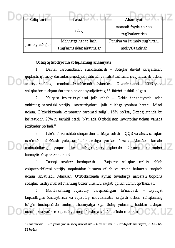 Soliq turi Tavsifi Ahamiyati
soliq samarali foydalanishni
rag‘batlantirish
Ijtimoiy soliqlar Mehnatga haq to‘lash
jamg‘armasidan ajratmalar Pensiya va ijtimoiy sug‘urtani
moliyalashtirish
Ochiq iqtisodiyotda soliqlarning ahamiyati
1. Davlat   daromadlarini   shakllantirish   –   Soliqlar   davlat   xarajatlarini
qoplash, ijtimoiy dasturlarni moliyalashtirish va infratuzilmani rivojlantirish uchun
asosiy   mablag‘   manbai   hisoblanadi.   Masalan,   O‘zbekistonda   2023-yilda
soliqlardan tushgan daromad davlat byudjetining 85 foizini tashkil qilgan.
2. Xalqaro   investitsiyalarni   jalb   qilish   –   Ochiq   iqtisodiyotda   soliq
yukining   pasayishi   xorijiy   investitsiyalarni   jalb   qilishga   yordam   beradi.   Misol
uchun,   O‘zbekistonda   korporativ   daromad   solig‘i   15%   bo‘lsa,   Qozog‘istonda   bu
ko‘rsatkich   20%   ni   tashkil   etadi.   Natijada   O‘zbekiston   investorlar   uchun   yanada
jozibador bo‘ladi. 8
3. Iste’mol va ishlab chiqarishni tartibga solish   – QQS va aksiz soliqlari
iste’molni   cheklash   yoki   rag‘batlantirishga   yordam   beradi.   Masalan,   tamaki
mahsulotlariga   yuqori   aksiz   solig‘i   joriy   qilinishi   ularning   iste’molini
kamaytirishga xizmat qiladi.
4. Tashqi   savdoni   boshqarish   –   Bojxona   soliqlari   milliy   ishlab
chiqaruvchilarni   xorijiy   raqobatdan   himoya   qilish   va   savdo   balansini   saqlash
uchun   ishlatiladi.   Masalan,   O‘zbekistonda   ayrim   tovarlarga   nisbatan   bojxona
soliqlari milliy mahsulotlarning bozor ulushini saqlab qolish uchun qo‘llaniladi.
5. Mamlakatning   iqtisodiy   barqarorligini   ta’minlash   –   Byudjet
taqchilligini   kamaytirish   va   iqtisodiy   muvozanatni   saqlash   uchun   soliqlarning
to‘g‘ri   boshqarilishi   muhim   ahamiyatga   ega.   Soliq   yukining   haddan   tashqari
oshishi esa yashirin iqtisodiyotning o‘sishiga sabab bo‘lishi mumkin.
8
  Shodmonov U. – "Iqtisodiyot va soliq islohotlari" – O‘zbekiston: "Turon-Iqbol" nashriyoti, 2020 – 65-
88-betlar.