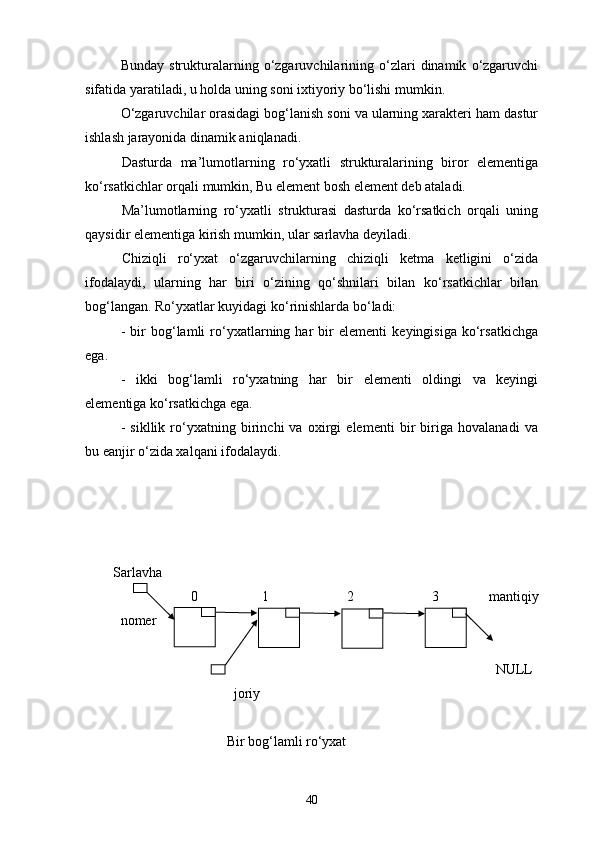 Bunday   strukturalarning   о‘zgaruvchilarining   о‘zlari   dinamik   о‘zgaruvchi
sifatida yaratiladi, u holda uning soni ixtiyoriy bо‘lishi mumkin.
О‘zgaruvchilar orasidagi bog‘lanish soni va ularning xarakteri ham dastur
ishlash jarayonida dinamik aniqlanadi. 
Dasturda   ma’lumotlarning   rо‘yxatli   strukturalarining   biror   elementiga
kо‘rsatkichlar orqali mumkin, Bu element bosh element deb ataladi.
Ma’lumotlarning   rо‘yxatli   strukturasi   dasturda   kо‘rsatkich   orqali   uning
qaysidir elementiga kirish mumkin, ular sarlavha deyiladi.
Chiziqli   rо‘yxat   о‘zgaruvchilarning   chiziqli   ketma   ketligini   о‘zida
ifodalaydi,   ularning   har   biri   о‘zining   qо‘shnilari   bilan   kо‘rsatkichlar   bilan
bog‘langan. Rо‘yxatlar kuyidagi kо‘rinishlarda bо‘ladi:
-   bir   bog‘lamli   rо‘yxatlarning   har   bir   elementi   keyingisiga   kо‘rsatkichga
ega.
-   ikki   bog‘lamli   rо‘yxatning   har   bir   elementi   oldingi   va   keyingi
elementiga kо‘rsatkichga ega.
-   sikllik   rо‘yxatning   birinchi   va   oxirgi   elementi   bir   biriga   hovalanadi   va
bu eanjir о‘zida xalqani ifodalaydi.
         Sarlavha
0 1     2         3     mantiqiy
nomer
      NULL
  joriy
Bir bog‘lamli rо‘yxat
40 