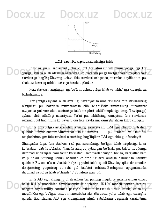 1.2.1-rasm.Real pul zaxiralariga talab
Insonlar   pulni   saqlashadi,   chunki   pul   tez   almashtirish   xususiyatiga   ega.Tez
(pulga) aylana olish afzalligi nazariyasi ko`rsatadiki pulga bo`lgan talab miqdori foiz
stavkasiga   bog’liq.Shuning   uchun   foiz   stavkasi   oshganda,   insonlar   boyliklarini   pul
shaklida kamroq ushlab turishga harakat qiladilar.
Foiz stavkasi tengligiga ega bo`lish uchun pulga talab va taklif egri chiziqlarini
birlashtiramiz.
Tez   (pulga)   aylana   olish   afzalligi   nazariyasiga   mos   ravishda   foiz   stavkasining
o’zgarishi   pul   bozorida   muvozanatga   olib   keladi.Foiz   stavkasining   muvozanat
nuqtasida   pul   vositalari   zaxirasiga   talab   miqdori   taklif   miqdoriga   teng.   Tez   (pulga)
aylana   olish   afzalligi   nazariyasi,   Ya’ni   pul   taklifining   kamayishi   foiz   stavkasini
oshiradi, pul taklifining ko’payishi esa foiz stavkasini kamaytirishdan kelib chiqqan.
Endi   tez   (pulga)   aylana   olish   afzalligi   nazariyasini   LM   egri   chizig’ini   tashkil
qilishda   foydalanamiz.Muvozanat   foiz   stavkasi   –   pul   talabi   va   taklifini
tenglashtiradigan foiz stavkasi o`rtasidagi bog’liqlikni  LM  egri chizig’i ifodalaydi.
Shungacha   faqat   foiz   stavkasi   real   pul   zaxiralariga   bo`lgan   talab   miqdoriga   ta’sir
ko’rsatadi,   deb   hisobladik.   Yanada   aniqroq   aytadigan   bo`lsak,   pul   talabi   miqdoriga
daromadlar   darajasi   ham   ta’sir   ko’rsatadi.Daromadlar   yuqori   bo`lsa,   harajatlar   ham
ko’p   boladi.Shuning   uchun   odamlar   ko`proq   ishlarni   amalga   oshirishga   harakat
qilishadi.Bu   esa   o’z   navbatida   ko’proq   pulni   talab   qiladi.Shunday   qilib   daromadlar
darajasining   yuqoriroq   bo`lishi   pul   talabini   oshiradi.Boshqacha   aytganimizda,
daromad va pulga talab o’rtasida to’g’ri aloqa mavjud.
Endi   AD   egri   chizig'ini   olish   uchun   biz   pulning   miqdoriy   nazariyasidan   emas,
balki   IS-LM   modelidan   foydalanamiz.   Birinchidan,   IS-LM   modeli   narxlar   darajasi
oshgani   sayin   milliy   daromad   pasayib   ketishini   ko'rsatish   uchun   kerak;   va   salbiy
moyillikka   ega   bo'lgan   ushbu   munosabatni   aks   ettiruvchi   yalpi   talab   egri   chizig'ini
qurish.   Ikkinchidan,   AD   egri   chizig'ining   siljish   sabablarini   o'rganish   kerak.Nima
12 