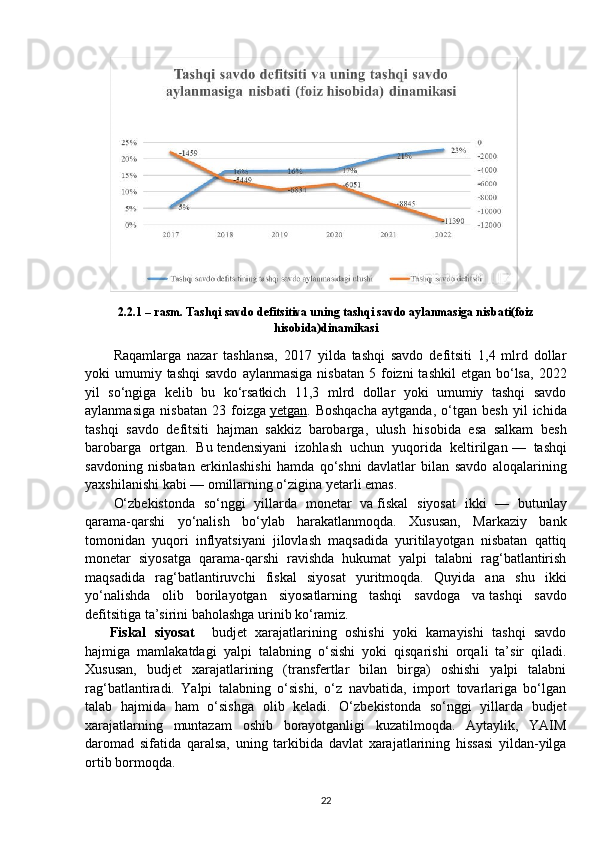 2.2.1 – rasm. Tashqi savdo defitsitiva uning tashqi savdo aylanmasiga nisbati(foiz
hisobida)dinamikasi
Raqamlarga   nazar   tashlansa,   2017   yilda   tashqi   savdo   defitsiti   1,4   mlrd   dollar
yoki  umumiy tashqi  savdo   aylanmasiga  nisbatan  5  foizni   tashkil   etgan bo‘lsa,  2022
yil   so‘ngiga   kelib   bu   ko‘rsatkich   11,3   mlrd   dollar   yoki   umumiy   tashqi   savdo
aylanmasiga   nisbatan   23   foizga   yetgan .   Boshqacha   aytganda,   o‘tgan   besh   yil   ichida
tashqi   savdo   defitsiti   hajman   sakkiz   barobarga,   ulush   hisobida   esa   salkam   besh
barobarga   ortgan.   Bu   tendensiyani   izohlash   uchun   yuqorida   keltirilgan   —   tashqi
savdoning   nisbatan   erkinlashishi   hamda   qo‘shni   davlatlar   bilan   savdo   aloqalarining
yaxshilanishi kabi — omillarning o‘zigina yetarli emas.
O‘zbekistonda   so‘nggi   yillarda   monetar   va   fiskal   siyosat   ikki   —   butunlay
qarama-qarshi   yo‘nalish   bo‘ylab   harakatlanmoqda.   Xususan,   Markaziy   bank
tomonidan   yuqori   inflyatsiyani   jilovlash   maqsadida   yuritilayotgan   nisbatan   qattiq
monetar   siyosatga   qarama-qarshi   ravishda   hukumat   yalpi   talabni   rag‘batlantirish
maqsadida   rag‘batlantiruvchi   fiskal   siyosat   yuritmoqda.   Quyida   ana   shu   ikki
yo‘nalishda   olib   borilayotgan   siyosatlarning   tashqi   savdoga   va   tashqi   savdo
defitsitiga ta’sirini baholashga urinib ko‘ramiz.
Fiskal   siyosat     budjet   xarajatlarining   oshishi   yoki   kamayishi   tashqi   savdo
hajmiga   mamlakatdagi   yalpi   talabning   o‘sishi   yoki   qisqarishi   orqali   ta’sir   qiladi.
Xususan,   budjet   xarajatlarining   (transfertlar   bilan   birga)   oshishi   yalpi   talabni
rag‘batlantiradi.   Yalpi   talabning   o‘sishi,   o‘z   navbatida,   import   tovarlariga   bo‘lgan
talab   hajmida   ham   o‘sishga   olib   keladi.   O‘zbekistonda   so‘nggi   yillarda   budjet
xarajatlarning   muntazam   oshib   borayotganligi   kuzatilmoqda.   Aytaylik,   YAIM
daromad   sifatida   qaralsa,   uning   tarkibida   davlat   xarajatlarining   hissasi   yildan-yilga
ortib bormoqda.
22 