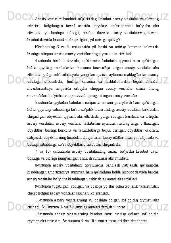  
Asosiy   vositalar   harakati   to’g’risidagi   hisobot   asosiy   vositalar   va   ularning
eskirishi   belgilangan   tasnif   asosida   quyidagi   ko’rsatkichlar   bo’yicha   aks
ettiriladi:   yil   boshiga   qoldig’i;   hisobot   davrida   asosiy   vositalarning   kirimi;
hisobot davrida hisobdan chiqarilgani; yil oxiriga qoldig’i.
H isobotning   3   va   6-   ustunlarida   yil   boshi   va   oxiriga   korxona   balansida
hisobga olingan barcha asosiy vositalarning qiymati aks ettiriladi.
4-ustunda   hisobot   davrida,   qo’shimcha   baholash   qiymati   ham   qo’shilgan
holda   quyidagi   manbalardan   korxona   tasarrufiga   o’tgan   asosiy   vositalar   aks
ettiriladi: pulga sotib olish yoki yangidan qurish; aylanma mablag’lardan asosiy
vositaga   o’tkazilishi;   boshqa   korxona   va   tashkilotlardan   bepul   olinishi;
inventarizatsiya   natijasida   ortiqcha   chiqqan   asosiy   vositalar   kirimi;   lizing
muomalalari bo’yicha uzoq muddatli ijaraga olingan asosiy vositalar.
5-ustunida  qaytadan baholash  natijasida  narxini  pasaytirish  ham  qo’shilgan
holda quyidagi sabablarga ko’ra xo’jalik tasarrufidagi asosiy vositalar tarkibidan
chiqarilgan   obyektlar   qiymati   aks   ettiriladi:   pulga   sotilgan   keraksiz   va   ortiqcha
asosiy   vositalar;   asosiy   vositalar   tarkibidan   aylanma   mablag’larga   o’tkazilgan
obyektlar;   boshqa   korxona   va   tashkilotlarga   bepul   berilgan   obyektlar;   eskirishi
natijasida obyektlarning hisobdan chiqarilishi; tabiiy ofatlar, avariya natijasida va
boshqa sabablarga ko’ra obyektlarni hisobdan chiqarilishi.
7   va   10-   ustunlarda   asosiy   vositalarning   turlari   bo’yicha   hisobot   davri
boshiga va oxiriga jamg’arilgan eskirish summasi aks ettiriladi.
8-ustunda   asosiy   vositalarni   qo’shimcha   baholash   natijasida   qo’shimcha
hisoblangan amortizatsiya summasi ham qo’shilgan holda hisobot davrida barcha
asosiy vositalar bo’yicha hisoblangan eskirish summasi aks ettiriladi.
9-ustunda   tugatilgan,   sotilgan   va   boshqa   yo’llar   bilan   xo’jalik   tasarrufidan
chiqib ketgan asosiy vositalar eskirishi ko’rsatiladi.
11-ustunda   asosiy   vositalarning   yil   boshiga   qolgan   sof   qoldiq   qiymati   aks
ettirladi. Bu summa 3- va 7- ustun summalari farqidan iborat.
12-ustunda   asosiy   vositalarning   hisobot   davri   oxiriga   qolgan   sof   qoldiq
qiymati aks ettiriladi. Bu summa 6- va 10-ustun summalari farqidan iborat.
  