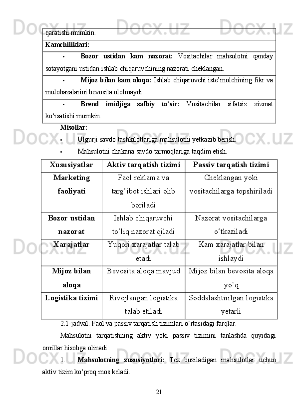 qaratishi mumkin.
Kamchiliklari:
 Bozor   ustidan   kam   nazorat:   Vositachilar   mahsulotni   qanday
sotayotgani ustidan ishlab chiqaruvchining nazorati cheklangan.
 Mijoz bilan kam aloqa:   Ishlab chiqaruvchi iste’molchining fikr va
mulohazalarini bevosita ololmaydi.
 Brend   imidjiga   salbiy   ta’sir:   Vositachilar   sifatsiz   xizmat
ko‘rsatishi mumkin.
Misollar:
 Ulgurji savdo tashkilotlariga mahsulotni yetkazib berish.
 Mahsulotni chakana savdo tarmoqlariga taqdim etish.
Xususiyatlar Aktiv tarqatish tizimi Passiv tarqatish tizimi
Marketing
faoliyati Faol reklama va
targ‘ibot ishlari olib
boriladi Cheklangan yoki
vositachilarga topshiriladi
Bozor ustidan
nazorat Ishlab chiqaruvchi
to‘liq nazorat qiladi Nazorat vositachilarga
o‘tkaziladi
Xarajatlar Yuqori xarajatlar talab
etadi Kam xarajatlar bilan
ishlaydi
Mijoz bilan
aloqa Bevosita aloqa mavjud Mijoz bilan bevosita aloqa
yo‘q
Logistika tizimi Rivojlangan logistika
talab etiladi Soddalashtirilgan logistika
yetarli
2.1-jadval. Faol va passiv tarqatish tizimlari o‘rtasidagi farqlar.
Mahsulotni   tarqatishning   aktiv   yoki   passiv   tizimini   tanlashda   quyidagi
omillar hisobga olinadi:
1. Mahsulotning   xususiyatlari:   Tez   buziladigan   mahsulotlar   uchun
aktiv tizim ko‘proq mos keladi.
21 