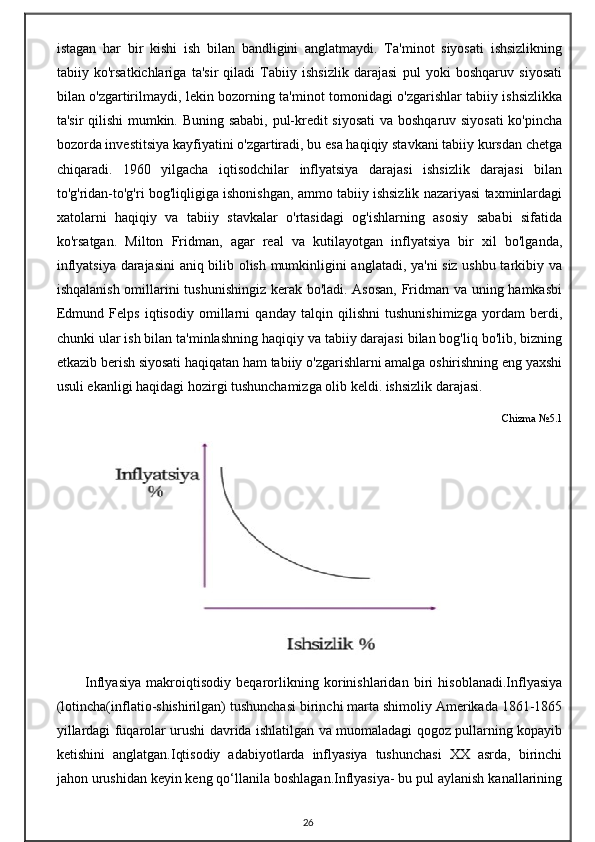 istagan   har   bir   kishi   ish   bilan   bandligini   anglatmaydi.   Ta'minot   siyosati   ishsizlikning
tabiiy   ko'rsatkichlariga   ta'sir   qiladi   Tabiiy   ishsizlik   darajasi   pul   yoki   boshqaruv   siyosati
bilan o'zgartirilmaydi, lekin bozorning ta'minot tomonidagi o'zgarishlar tabiiy ishsizlikka
ta'sir qilishi  mumkin. Buning sababi, pul-kredit siyosati  va boshqaruv siyosati  ko'pincha
bozorda investitsiya kayfiyatini o'zgartiradi, bu esa haqiqiy stavkani tabiiy kursdan chetga
chiqaradi.   1960   yilgacha   iqtisodchilar   inflyatsiya   darajasi   ishsizlik   darajasi   bilan
to'g'ridan-to'g'ri bog'liqligiga ishonishgan, ammo tabiiy ishsizlik nazariyasi taxminlardagi
xatolarni   haqiqiy   va   tabiiy   stavkalar   o'rtasidagi   og'ishlarning   asosiy   sababi   sifatida
ko'rsatgan.   Milton   Fridman,   agar   real   va   kutilayotgan   inflyatsiya   bir   xil   bo'lganda,
inflyatsiya darajasini aniq bilib olish mumkinligini anglatadi, ya'ni siz ushbu tarkibiy va
ishqalanish omillarini tushunishingiz kerak bo'ladi. Asosan, Fridman va uning hamkasbi
Edmund   Felps   iqtisodiy   omillarni   qanday   talqin   qilishni   tushunishimizga   yordam   berdi,
chunki ular ish bilan ta'minlashning haqiqiy va tabiiy darajasi bilan bog'liq bo'lib, bizning
etkazib berish siyosati haqiqatan ham tabiiy o'zgarishlarni amalga oshirishning eng yaxshi
usuli ekanligi haqidagi hozirgi tushunchamizga olib keldi. ishsizlik darajasi.
Chizma  № 5.1
Inflyasiya   makroiqtisodiy   beqarorlikning   korinishlaridan   biri   hisoblanadi.Inflyasiya
(lotincha(inflatio-shishirilgan) tushunchasi birinchi marta shimoliy Amerikada 1861-1865
yillardagi fuqarolar urushi davrida ishlatilgan va muomaladagi qogoz pullarning kopayib
ketishini   anglatgan.Iqtisodiy   adabiyotlarda   inflyasiya   tushunchasi   XX   asrda,   birinchi
jahon urushidan keyin keng qo‘llanila boshlagan.Inflyasiya- bu pul aylanish kanallarining
26