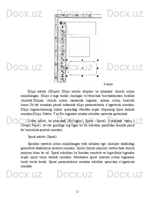 3-rasm
Ellips   asbobi   (Ellipse)   Ellips   asbobi   ellipslar   va   aylanalar   chizish   uchun
muljallangan.   Ellips   o’ziga   tashki   chizilgan   to’rtburchak   burchaklaridan   boshlab
chiziladi.Ellipsni   chizish   uchun   markazda   tugmasi,   aylana   uchun   bosilishi
lozim.Ob’ekt xossalari  paneli erdamida ellips parametrlarini o’zgartirish mumkin.
Ellips   tugmachasining   yukori   qismidagi   vkladka   orqali   ellipsning   tipini   tanlash
mumkin.Ellips, Sektor, Yoy.Bu tugmalar xosalar asboblar qatorida qaytariladi.
Uchta   asbob,   ko’pburchak   (Ro1ugon),   Spiral   (Spiral),   Кordinata   varaq   i
(Graph   Paper),   ob’ekt   guruxiga   yig’ilgan   bo’lib   asboblar   panelidan  aloxida   panel
ko’urinishida ajratish mumkin.
Spiral   asbobi   (Spiral)
Spirallar  yaratish  uchun  muljallangan yoki   uzluksiz  egri  chiziqlar  shaklidagi
geometrik   shakillarini yaratish mumkin. Spiral chizish jarayoni   turtburchak chizish
jarayoni bilan bir xil. Spiral asboblari bo’limidan semetrik va logorifmik tugmalar
orqali   spiral   turini   tanlash   mumkin.   Muntazam   spiral   yaratish   uchun   tugmasini
bosib   turish   kerak.   Spiral   parametrlarini   xossalar   asboblar   qatoridan   o’zgartirish
mumkin.
11 