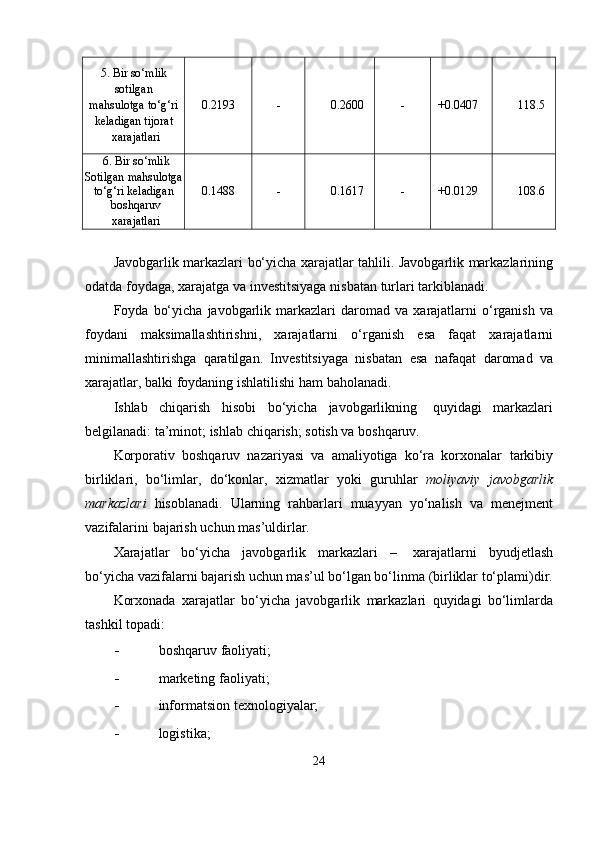 5. Bir  so‘mlik
sotilgan
mahsulotga   to‘g‘ri
keladigan   tijorat
xarajatlari 0.2193 - 0.2600 - +0.0407 118.5
6. Bir so‘mlik
Sotilgan   mahsulotga
to‘g‘ri keladigan
boshqaruv
xarajatlari 0.1488 - 0.1617 - +0.0129 108.6
Javobgarlik   markazlari   bo‘yicha   xarajatlar   tahlili.   Javobgarlik   markazlarining
odatda   foydaga,   xarajatga   va   investitsiyaga   nisbatan   turlari   tarkiblanadi.
Foyda   bo‘yicha   javobgarlik   markazlari   daromad   va   xarajatlarni   o‘rganish   va
foydani   maksimallashtirishni,   xarajatlarni   o‘rganish   esa   faqat   xarajatlarni
minimallashtirishga   qaratilgan.   Investitsiyaga   nisbatan   esa   nafaqat   daromad   va
xarajatlar,   balki   foydaning   ishlatilishi   ham   baholanadi.
Ishlab   chiqarish   hisobi   bo‘yicha   javobgarlikning   quyidagi   markazlari
belgilanadi:   ta’minot;   ishlab   chiqarish;   sotish va   boshqaruv.
Korporativ   boshqaruv   nazariyasi   va   amaliyotiga   ko‘ra   korxonalar   tarkibiy
birliklari,   bo‘limlar,   do‘konlar,   xizmatlar   yoki   guruhlar   moliyaviy   javobgarlik
markazlari   hisoblanadi.   Ularning   rahbarlari   muayyan   yo‘nalish   va   menejment
vazifalarini   bajarish   uchun   mas’uldirlar.
Xarajatlar   bo‘yicha   javobgarlik   markazlari   –   xarajatlarni   byudjetlash
bo‘yicha vazifalarni bajarish uchun mas’ul bo‘lgan bo‘linma   (birliklar   to‘plami)dir.
Korxonada   xarajatlar   bo‘yicha   javobgarlik   markazlari   quyidagi   bo‘limlarda
tashkil   topadi:
- boshqaruv   faoliyati;
- marketing   faoliyati;
- informatsion   texnologiyalar;
- logistika;
24 