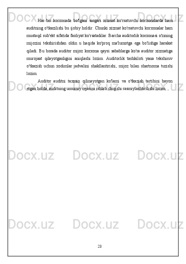 Har   bir   korxonada   bo'lgani   singari   xizmat   ko'rsatuvchi   korxonalarda   ham
auditning o'tkazilishi bu ijobiy holdir. Chunki xizmat ko'rsatuvchi korxonalar ham
mustaqil sub'ekt sifatida faoliyat ko'rsatadilar. Barcha auditorlik korxonasi o'zining
mijozini   tekshirishdan   oldin   u   haqida   ko'proq   ma'lumotga   ega   bo'lishga   harakat
qiladi. Bu borada auditor  mijoz korxona qaysi  sabablarga  ko'ra auditor xizmatiga
murojaat   qilayotganligini   aniqlashi   lozim.   Auditorlik   tashkiloti   yana   tekshiruv
o'tkazish   uchun   xodimlar   jadvalini   shakllantirishi,   mijoz   bilan   shartnoma   tuzishi
lozim.
Auditor   auditni   taxmin   qilinayotgan   ko'lami   va   o'tkazish   tartibini   bayon
etgan holda, auditning umumiy rejasini ishlab chiqishi rasmiylashtirilishi lozim.
23 
