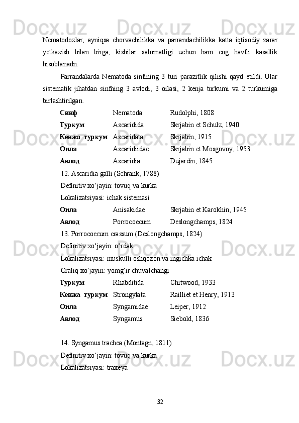 Nematodozlar,   ayniqsa   chorvachilikka   va   parrandachilikka   katta   iqtisodiy   zarar
yetkazish   bilan   birga,   kishilar   salomatligi   uchun   ham   eng   havfli   kasallik
hisoblanadn.
Parrandalarda   Nematoda   sinfining   3   turi   parazitlik   qilishi   qayd   etildi.   Ular
sistematik   jihatdan   sinfning   3   avlodi,   3   oilasi,   2   kenja   turkumi   va   2   turkumiga
birlashtirilgan.
Синф Nematoda Rudolphi, 1808
Туркум Ascaridida Skrjabin et Schulz, 1940
Кенжа  туркум Ascaridata Skrjabin, 1915
Оила Ascaridiidae Skrjabin et Mosgovoy, 1953
Авлод Ascaridia Dujardin, 1845
12 .  Ascaridia galli (Schrank, 1788)
Definitiv xo‘jayin: tovuq va kurka
Lokalizatsiyasi: ichak sistemasi
Оила Anisakidae Skrjabin et Karokhin, 1945
Авлод Porrocoecum Deslongchamps, 1824
1 3. Porrocoecum crassum (Deslongchamps, 1824)
Definitiv xo‘jayin: o‘rdak
Lokalizatsiyasi: muskulli oshqozon va ingichka ichak
Oraliq xo‘jayin: yomg‘ir chuvalchangi
Туркум Rhabditida Chitwood, 1933
Кенжа  туркум Strongylata Railliet et Henry, 1913
Оила Syngamidae Leiper, 1912
Авлод Syngamus Siebold, 1836
14. Syngamus trachea (Montagn, 1811)
Definitiv xo‘jayin: tovuq va kurka
Lokalizatsiyasi: traxeya
32 
