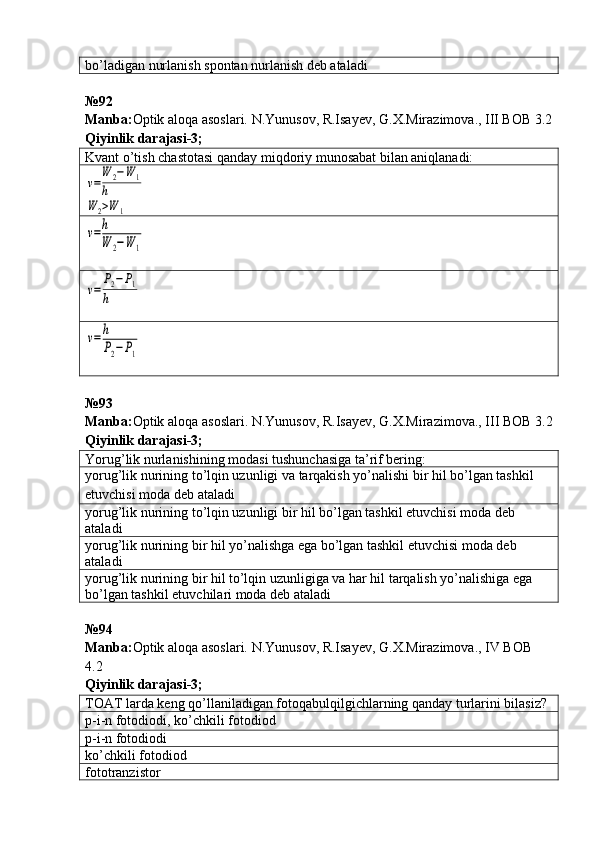 bo’ladigan nurlanish spontan nurlanish deb ataladi
№92
Manba: Optik aloqa asoslari. N.Yunusov, R.Isayev, G.X.Mirazimova., III BOB 3.2
Qiyinlik darajasi-3;
Kvant o’tish chastotasi qanday miqdoriy munosabat bilan aniqlanadi:ν=
W	2−W	1	
h	
W	2>W	1	
ν=h
W	2−W	1	
ν=	
P2−P1	
h	
ν=h
P2−P1
№93
Manba : Optik   aloqa   asoslari .  N . Yunusov ,  R . Isayev ,  G . X . Mirazimova .,  III   BOB  3.2
Qiyinlik   darajasi -3;
Yorug’lik nurlanishining modasi tushunchasiga ta’rif bering:
yorug’lik nurining to’lqin uzunligi va tarqakish yo’nalishi bir hil bo’lgan tashkil 
etuvchisi moda deb ataladi
yorug’lik nurining to’lqin uzunligi bir hil bo’lgan tashkil etuvchisi moda deb 
ataladi
yorug’lik nurining bir hil yo’nalishga ega bo’lgan tashkil etuvchisi moda deb 
ataladi
yorug’lik nurining bir hil to’lqin uzunligiga va har hil tarqalish yo’nalishiga ega 
bo’lgan tashkil etuvchilari moda deb ataladi
№94 
Manba: Optik aloqa asoslari. N.Yunusov, R.Isayev, G.X.Mirazimova., IV BOB 
4.2   
Qiyinlik darajasi- 3 ;
TOAT larda keng qo ’ llaniladigan fotoqabulqilgichlarning qanday turlarini bilasiz?
p-i-n fotodiodi, ko’chkili fotodiod
p-i-n fotodiodi
ko’chkili fotodiod
fototranzistor 