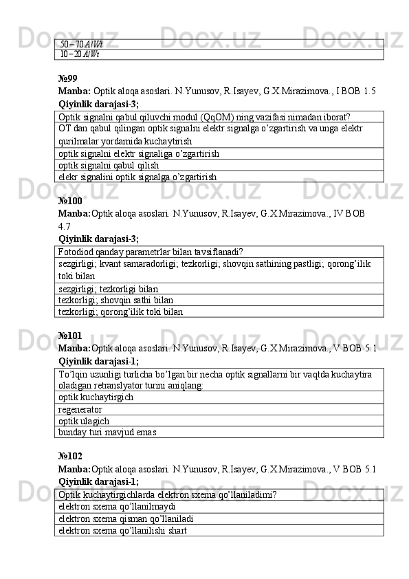 50	−	70	A/Wt	
10	−20	A/Wt№99
Manba :   Optik   aloqa   asoslari .  N . Yunusov ,  R . Isayev ,  G . X . Mirazimova .,  I   BOB  1.5  
Qiyinlik darajasi - 3 ;
Optik signalni qabul qiluvchi modul (QqOM) ning vazifasi nimadan iborat?
OT dan qabul qilingan optik signalni elektr signalga o’zgartirish va unga elektr 
qurilmalar yordamida kuchaytirish
optik signalni elektr signaliga o’zgartirish
optik signalni qabul qilish
elekr signalini optik signalga o’zgartirish
№100
Manba: Optik aloqa asoslari. N.Yunusov, R.Isayev, G.X.Mirazimova., IV BOB 
4.7   
Qiyinlik darajasi- 3 ;
Fotodiod qanday parametrlar bilan tavsiflanadi?
sezgirligi; kvant samaradorligi; tezkorligi; shovqin sathining pastligi; qorong’ilik 
toki bilan
sezgirligi; tezkorligi bilan
tezkorligi;   shovqin sathi bilan
tezkorligi;   qorong’ilik toki bilan
№ 101  
Manba : Optik   aloqa   asoslari .  N . Yunusov ,  R . Isayev ,  G . X . Mirazimova .,  V   BOB  5.1  
Qiyinlik darajasi - 1 ;
To’lqin uzunligi turlicha bo’lgan bir necha optik signallarni bir vaqtda kuchaytira 
oladigan retranslyator turini aniqlang :
optik kuchaytirgich
regenerator
optik ulagich
bunday turi mavjud emas
№ 102
Manba: Optik aloqa asoslari. N.Yunusov, R.Isayev, G.X.Mirazimova., V BOB 5.1  
Qiyinlik darajasi - 1 ;
Optik kuchaytirgichlarda elektron sxema qo’llaniladimi?
elektron sxema  qo’llanilmaydi
elektron sxema qisman  qo’llaniladi
elektron sxema  qo’llanilishi shart 
