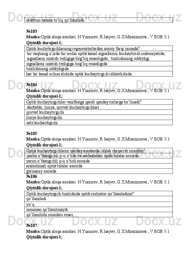 elektron sxema t o’liq qo’llaniladi
№ 103
Manba: Optik aloqa asoslari. N.Yunusov, R.Isayev, G.X.Mirazimova., V BOB 5.1  
Qiyinlik darajasi - 1 ;
Optik kuchytirgichlarning regeneratorlardan asosiy farqi nimada?
bir vaqtning o’zida bir necha optik kanal signallarini kuchaytirish imkoniyatida, 
signallarni uzatish tezligiga bog’liq emasligida,  tuzilishining oddiyligi
signallarni uzatish tezligiga bog’liq emasligida
tuzilishining oddiyligida
har bir kanal uchun alohida optik kuchaytirgich ishlatilishida
№104
Manba: Optik aloqa asoslari. N.Yunusov, R.Isayev, G.X.Mirazimova., V BOB 5.1  
Qiyinlik darajasi- 1 ;
Optik kuchaytirgichlar vazifasiga qarab qanday turlarga bo’linadi?
dastlabki, liniya, quvvat kuchaytirgichlari
quvvat kuchaytirgichi
liniya kuchaytirgichi
satx kuchaytigichi
№ 105  
Manba : Optik   aloqa   asoslari .  N . Yunusov ,  R . Isayev ,  G . X . Mirazimova .,  V   BOB  5.1  
Qiyinlik darajasi - 1 ;
Optik kuchaytirgichlarni qanday asoslarda ishlab chiqarish mumkin?
yarim o’tkazgichli p-n o’tish va aralashmali optik tolalar asosida
yarim o’tkazgichli p-n o’tish asosida
aralashmali optik tolalar asosida
germaniy  asosida
№106
Manba : Optik   aloqa   asoslari .  N . Yunusov ,  R . Isayev ,  G . X . Mirazimova .,  V   BOB  5.1  
Qiyinlik darajasi - 1 ;
Optik kuchaytirgich tuzilishida optik izolyator qo’llaniladimi?
qo’llaniladi
yo’q
umuman qo’llanilmaydi
qo’llanilishi mumkin emas
№ 107
Manba: Optik aloqa asoslari. N.Yunusov, R.Isayev, G.X.Mirazimova., V BOB 5.1  
Qiyinlik darajasi - 1 ; 
