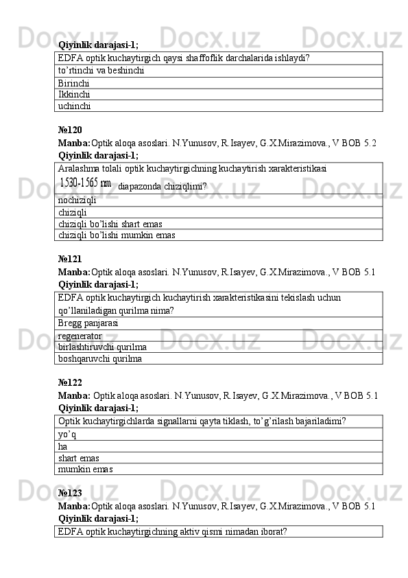Qiyinlik darajasi - 1 ;
EDFA optik kuchaytirgich qaysi shaffoflik darchalarida ishlaydi?
to’rtinchi va beshinchi
Birinchi
Ikkinchi
uchinchi
№ 120  
Manba : Optik   aloqa   asoslari .  N . Yunusov ,  R . Isayev ,  G . X . Mirazimova .,  V   BOB  5.2  
Qiyinlik darajasi - 1 ;
Aralashma tolali optik kuchaytirgichning kuchaytirish xarakteristikasi1530-1565 nm
  diapazonda chiziqlimi?
nochiziqli
chiziqli
chiziqli bo’lishi shart emas
chiziqli bo’lishi mumkin emas
№ 121
Manba: Optik aloqa asoslari. N.Yunusov, R.Isayev, G.X.Mirazimova., V BOB 5.1  
Qiyinlik darajasi - 1 ;
EDFA optik kuchaytirgich kuchaytirish xarakteristikasini tekislash uchun 
qo’llaniladigan qurilma nima?
Bregg panjarasi
regenerator
birlashtiruvchi qurilma
boshqaruvchi qurilma
№ 122
Manba:  Optik aloqa asoslari. N.Yunusov, R.Isayev, G.X.Mirazimova., V BOB 5.1
Qiyinlik darajasi - 1 ;
Optik kuchaytirgichlarda signallarni qayta tiklash, to’g’rilash bajariladimi?
yo’q
ha
shart emas
mumkin emas
№ 123
Manba: Optik aloqa asoslari. N.Yunusov, R.Isayev, G.X.Mirazimova., V BOB 5.1  
Qiyinlik darajasi - 1 ;
EDFA optik kuchaytirgichning aktiv qismi nimadan iborat? 