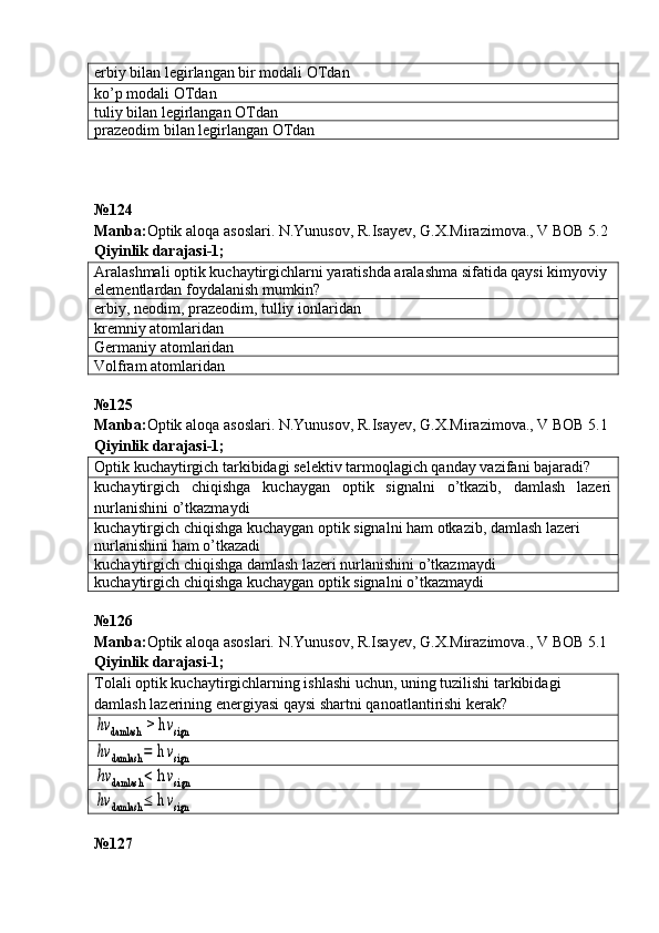 erbiy bilan legirlangan bir modali OTdan
ko’p modali OTdan
tuliy bilan legirlangan OTdan
prazeodim bilan legirlangan OTdan
№ 124
Manba : Optik   aloqa   asoslari .  N . Yunusov ,  R . Isayev ,  G . X . Mirazimova .,  V   BOB  5.2  
Qiyinlik darajasi - 1 ;
Aralashmali optik kuchaytirgichlarni yaratishda aralashma sifatida qaysi kimyoviy 
elementlardan foydalanish mumkin?
erbiy, neodim, prazeodim, tulliy ionlaridan
kremniy atomlaridan
Germaniy atomlaridan
Volfram atomlaridan
№ 125  
Manba : Optik   aloqa   asoslari .  N . Yunusov ,  R . Isayev ,  G . X . Mirazimova .,  V   BOB  5.1  
Qiyinlik darajasi - 1 ;
Optik kuchaytirgich tarkibidagi selektiv tarmoqlagich qanday vazifani bajaradi?
kuchaytirgich   chiqishga   kuchaygan   optik   signalni   o’tkazib,   damlash   lazeri
nurlanishini o’tkazmaydi
kuchaytirgich chiqishga kuchaygan optik signalni ham otkazib, damlash lazeri 
nurlanishini ham o’tkazadi
kuchaytirgich chiqishga damlash lazeri nurlanishini o’tkazmaydi
kuchaytirgich chiqishga kuchaygan optik signalni o’tkazmaydi
№126 
Manba: Optik aloqa asoslari. N.Yunusov, R.Isayev, G.X.Mirazimova., V BOB 5.1  
Qiyinlik darajasi- 1 ;
Tolali optik kuchaytirgichlarning ishlashi uchun, uning tuzilishi tarkibidagi 
damlash lazerining energiyasi qaysi shartni qanoatlantirishi kerak?hν	damlash	 > h	νsign	
hν	damlash	=	 h	νsign	
hν	damlash	< h	νsign	
hν	damlash	≤	 h	νsign
№127  