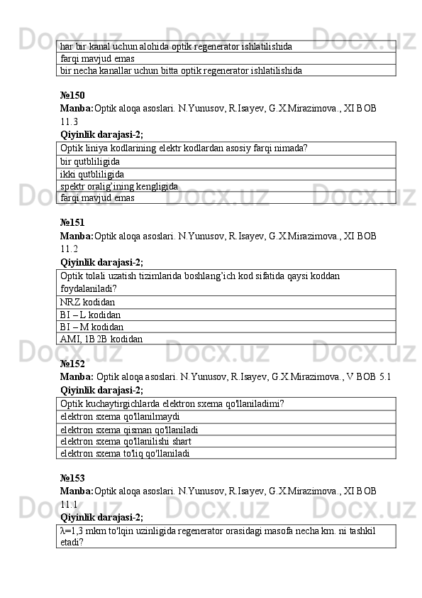har bir kanal uchun alohida optik regenerator ishlatilishida
farqi mavjud emas
bir necha kanallar uchun bitta optik regenerator ishlatilishida
№150 
Manba: Optik aloqa asoslari. N.Yunusov, R.Isayev, G.X.Mirazimova., XI BOB 
11.3   
Qiyinlik darajasi- 2 ;
Optik liniya kodlarining elektr kodlardan asosiy farqi nimada?
bir qutbliligida
ikki qutbliligida
spektr oralig’ining kengligida
farqi mavjud emas
№ 151  
Manba : Optik   aloqa   asoslari .  N . Yunusov ,  R . Isayev ,  G . X . Mirazimova .,  XI   BOB  
11.2         
Qiyinlik darajasi - 2 ;
Optik tolali uzatish tizimlarida boshlang’ich kod sifatida qaysi koddan 
foydalaniladi?
NRZ  kod i dan
BI – L  kod i dan
BI – M  kod i dan
AMI, 1B2B  kod i dan
№ 152  
Manba :   Optik   aloqa   asoslari .  N . Yunusov ,  R . Isayev ,  G . X . Mirazimova .,  V   BOB  5.1
Qiyinlik darajasi - 2 ;
Optik kuchaytirgichlarda elektron sxema qo'llaniladimi ?
elektron sxema qo'llanilmaydi
elektron sxema qisman qo'llaniladi
elektron sxema qo'llanilishi shart
elektron sxema to'liq qo'llaniladi
№ 153
Manba: Optik aloqa asoslari. N.Yunusov, R.Isayev, G.X.Mirazimova., XI BOB 
11.1         
Qiyinlik darajasi - 2 ;
λ =1 , 3 mkm to'lqin uzinligida regenerator orasidagi masofa necha km. ni tashkil 
etadi? 