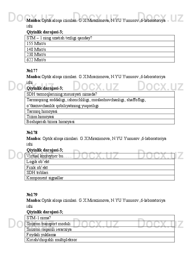 Manba : Optik   aloqa   izimlari .  G . X . Mirazimova ,  N . YU . Yunusov .,6- laboratoriya  
ishi         
Qiyinlik darajasi - 3 ;
STM – 1 ning uzatish tezligi qanday?
155 Mbit/s
140 Mbit/s
230 Mbit/s
622 Mbit/s
№ 177
Manba: Optik aloqa izimlari. G.X.Mirazimova, N.YU.Yunusov.,6-laboratoriya 
ishi        
Qiyinlik darajasi - 3 ;
SDH   tarmoqlarining xususiyati nimada?
Tarmoqning soddaligi, ishonchliligi, moslashuvchanligi, shaffofligi, 
o‘tkazuvchanlik qobiliyatining yuqoriligi
Tarmoq himoyasi
Tizim himoyasi
Boshqarish tizimi himoyasi
№ 178  
Manba :   Optik   aloqa   izimlari .  G . X . Mirazimova ,  N . YU . Yunusov .,6- laboratoriya  
ishi         
Qiyinlik darajasi - 3 ;
Virtual konteyner bu........
Logi k  ob’ekt
Fizi k  ob’ekt
SDH  triblari
Komponent signal lar
№ 179  
Manba : Optik   aloqa   izimlari .  G . X . Mirazimova ,  N . YU . Yunusov .,6- laboratoriya  
ishi         
Qiyinlik darajasi - 3 ;
STM -1  nima ?
Sinxron transport modul i
Sinxron   raqamli ierarx iya
Foydali yuklama
Kirish/chiqishli multipleksor 