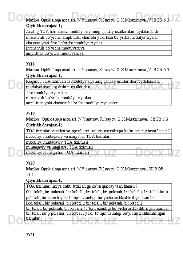 Manba: Optik aloqa asoslari. N.Yunusov, R.Isayev, G.X.Mirazimova.,VI BOB 6.3
Qiyinlik darajasi - 1 ;
Analog TOA tizimlarida modulyatsiyaning qanday usullaridan foydalaniladi?
intensivlik bo’yicha, amplituda, chastota yoki faza bo’yicha modulyatsiyalar
chastota yoki faza bo’yicha modulyatsiyalar
intensivlik bo’yicha modulyatsiya
amplituda bo’yicha modulyatsiya
№ 18  
Manba : Optik   aloqa   asoslari .  N . Yunusov ,  R . Isayev ,  G . X . Mirazimova ., VI   BOB  6.3
Qiyinlik darajasi - 1 ;
Raqamli TOA tizimlarida modulyatsiyaning qanday usullaridan foydalaniladi
modulyatsiyaning diskret usullaridan
faza modulyatsiyasidan
intensivlik bo’yicha modulyatsiyadan
amplituda yoki chastota bo’yicha modulyatsiyalardan
№19
Manba:  Optik aloqa asoslari. N.Yunusov, R.Isayev, G.X.Mirazimova., I BOB 1.3  
Qiyinlik darajasi- 1 ;
ТОА tizimlari vazifasi va signallarni uzatish masofasiga ko’ra qanday tasniflanadi?
maxalliy, mintaqaviy va magistral TOA tizimlari
maxalliy, mintaqaviy TOA tizimlari
mintaqaviy va magistral TOA tizimlari
maxalliy va magistral TOA tizimlari
№20 
Manba: Optik aloqa asoslari. N.Yunusov, R.Isayev, G.X.Mirazimova., XI BOB 
11.1
Qiyinlik darajasi- 1 ;
ТОА tizimlari liniya trakti tuzilishiga ko’ra qanday tasniflanadi?
ikki tolali, bir polasali, bir kabelli; bir tolali, bir polasali, bir kabelli; bir tolali ko’p 
polasali, bir kabelli yoki to’lqin uzunligi  bo’yicha zichlashtirilgan tizimlar
ikki tolali, bir polasali, bir kabelli; bir tolali, bir polasali, bir kabelli
bir tolali, bir polasali, bir kabelli; to’lqin uzunligi bo’yicha zichlashtirilgan tizimlar
bir tolali ko’p polasali, bir kabelli yoki  to’lqin uzunligi bo’yicha zichlashtirilgan 
tizimlar
№21 