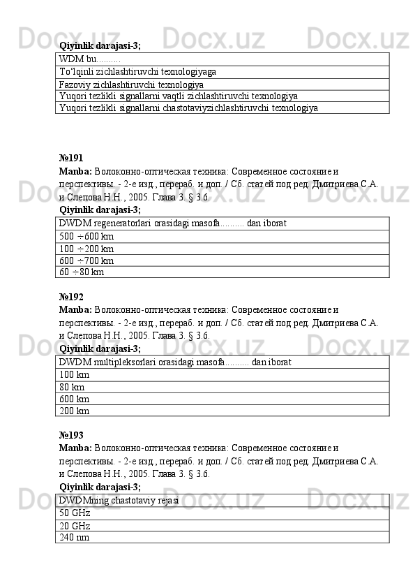 Qiyinlik   darajasi -3;
WDM bu..........
To‘lqinli zichlashtiruvchi texnologiyaga
Fazoviy zichlashtiruvchi texnologiya
Yuqori tezlikli signallarni vaqtli zichlashtiruvchi texnologiya
Yuqori tezlikli signallarni chastotaviyzichlashtiruvchi texnologiya
№191
Manba :  Волоконно-оптическая техника: Современное состояние и 
перспективы. - 2-е изд., перераб. и доп. / Сб. статей под ред. Дмитриева С.А. 
и Слепова Н.Н., 2005. Глава 3. § 3.6.   
Qiyinlik   darajasi -3;
DWDM  regeneratorlari   orasidagi masofa..........   dan iborat
500   600 km
1 00   2 00 km
6 00   7 00 km
60    80  km
№192 
Manba :  Волоконно-оптическая техника: Современное состояние и 
перспективы. - 2-е изд., перераб. и доп. / Сб. статей под ред. Дмитриева С.А. 
и Слепова Н.Н., 2005. Глава 3. § 3.6.   
Qiyinlik   darajasi -3;
DWDM  multipleksorlari orasidagi masofa..........   dan iborat
100 km
80 km
600 km
200 km
№ 193
Manba :  Волоконно-оптическая техника: Современное состояние и 
перспективы. - 2-е изд., перераб. и доп. / Сб. статей под ред. Дмитриева С.А. 
и Слепова Н.Н., 2005. Глава 3. § 3.6.   
Qiyinlik   darajasi -3;
DWDM ning chastotaviy rejasi
50 G Hz
20   G Hz
240 nm 