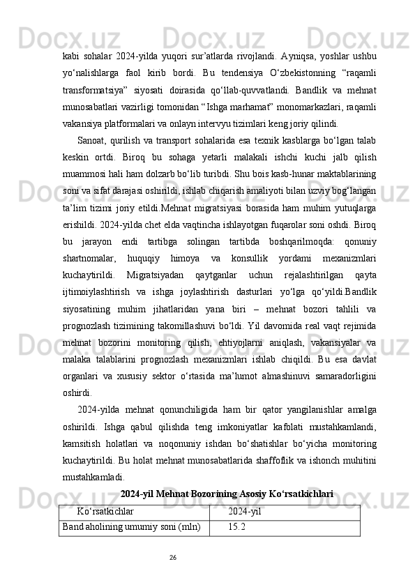 26kabi   sohalar   2024-yilda   yuqori   sur’atlarda   rivojlandi.   Ayniqsa,   yoshlar   ushbu
yo‘nalishlarga   faol   kirib   bordi.   Bu   tendensiya   O‘zbekistonning   “raqamli
transformatsiya”   siyosati   doirasida   qo‘llab-quvvatlandi.   Bandlik   va   mehnat
munosabatlari vazirligi tomonidan “Ishga marhamat” monomarkazlari, raqamli
vakansiya platformalari va onlayn intervyu tizimlari keng joriy qilindi.
Sanoat,   qurilish   va   transport   sohalarida   esa   texnik   kasblarga   bo‘lgan   talab
keskin   ortdi.   Biroq   bu   sohaga   yetarli   malakali   ishchi   kuchi   jalb   qilish
muammosi hali ham dolzarb bo‘lib turibdi. Shu bois kasb-hunar maktablarining
soni va sifat darajasi oshirildi, ishlab chiqarish amaliyoti bilan uzviy bog‘langan
ta’lim   tizimi   joriy   etildi.Mehnat   migratsiyasi   borasida   ham   muhim   yutuqlarga
erishildi. 2024-yilda chet elda vaqtincha ishlayotgan fuqarolar soni oshdi. Biroq
bu   jarayon   endi   tartibga   solingan   tartibda   boshqarilmoqda:   qonuniy
shartnomalar,   huquqiy   himoya   va   konsullik   yordami   mexanizmlari
kuchaytirildi.   Migratsiyadan   qaytganlar   uchun   rejalashtirilgan   qayta
ijtimoiylashtirish   va   ishga   joylashtirish   dasturlari   yo‘lga   qo‘yildi.Bandlik
siyosatining   muhim   jihatlaridan   yana   biri   –   mehnat   bozori   tahlili   va
prognozlash  tizimining takomillashuvi  bo‘ldi. Yil  davomida real  vaqt  rejimida
mehnat   bozorini   monitoring   qilish,   ehtiyojlarni   aniqlash,   vakansiyalar   va
malaka   talablarini   prognozlash   mexanizmlari   ishlab   chiqildi.   Bu   esa   davlat
organlari   va   xususiy   sektor   o‘rtasida   ma’lumot   almashinuvi   samaradorligini
oshirdi.
2024-yilda   mehnat   qonunchiligida   ham   bir   qator   yangilanishlar   amalga
oshirildi.   Ishga   qabul   qilishda   teng   imkoniyatlar   kafolati   mustahkamlandi,
kamsitish   holatlari   va   noqonuniy   ishdan   bo‘shatishlar   bo‘yicha   monitoring
kuchaytirildi. Bu holat mehnat munosabatlarida shaffoflik va ishonch muhitini
mustahkamladi.
2024-yil Mehnat Bozorining Asosiy Ko‘rsatkichlari
Ko‘rsatkichlar 2024-yil
Band aholining umumiy soni (mln) 15.2 