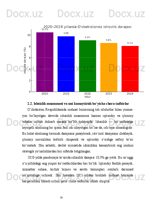 282.2. Ishsizlik muammosi va uni kamaytirish bo‘yicha chora-tadbirlar
O‘zbekiston Respublikasida mehnat bozorining tub islohotlar bilan yuzma-
yuz   bo‘layotgan   davrida   ishsizlik   muammosi   hamon   iqtisodiy   va   ijtimoiy
sohalar   uchun   dolzarb   masala   bo‘lib   qolmoqda.   Ishsizlik   —   bu   mehnatga
layoqatli aholining bir qismi faol ish izlayotgan bo‘lsa-da, ish topa olmasligidir.
Bu holat aholining turmush darajasini pasaytiradi, iste’mol darajasini cheklaydi,
ijtimoiy   norozilikni   keltirib   chiqaradi   va   iqtisodiy   o‘sishga   salbiy   ta’sir
ko‘rsatadi.   Shu   sababli,   davlat   siyosatida   ishsizlikni   kamaytirish   eng   muhim
strategik yo‘nalishlardan biri sifatida belgilangan.
2020-yilda pandemiya ta’sirida ishsizlik darajasi 10,5% ga yetdi. Bu so‘nggi
o‘n yillikdagi eng yuqori ko‘rsatkichlardan biri bo‘ldi. Iqtisodiy faollik pasaydi,
xizmatlar   sohasi,   kichik   biznes   va   savdo   tarmoqlari   sezilarli   daromad
yo‘qotishiga   uchradi.   Shu   boisdan   2021-yildan   boshlab   mehnat   bozorida
barqarorlikni tiklash uchun qator chora-tadbirlar ishlab chiqildi. 