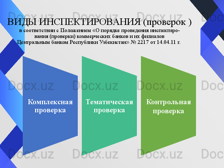 ВИДЫ ИНСПЕКТИРОВАНИЯ (проверок )
в соответствии с Положением  О порядке проведения инспектиро-≪
вания (проверки) коммерческих банков и их филиалов
Центральным банком Республики Узбекистан  № 2217 от 14.04.11 г. 	
≫
Комплексная 
проверка Тематическая 
проверка Контрольная 
проверка 