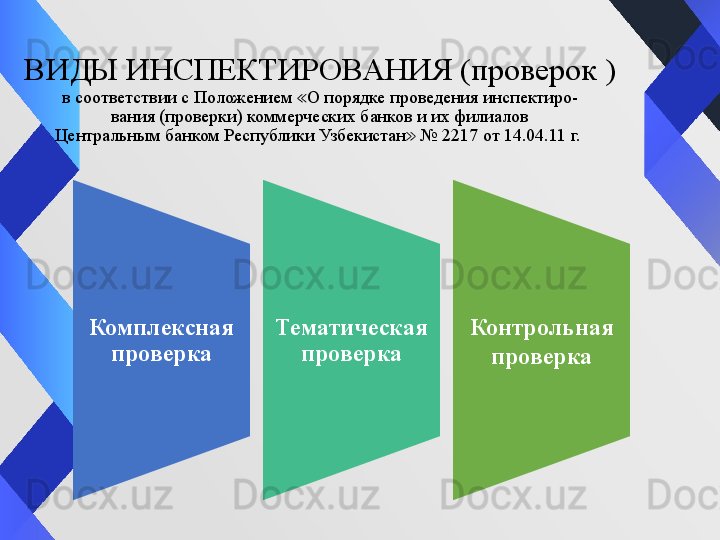 ВИДЫ ИНСПЕКТИРОВАНИЯ (проверок )
в соответствии с Положением  О порядке проведения инспектиро-≪
вания (проверки) коммерческих банков и их филиалов
Центральным банком Республики Узбекистан  № 2217 от 14.04.11 г. 	
≫
Комплексная 
проверка Тематическая 
проверка Контрольная 
проверка