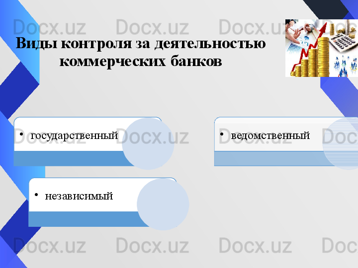 Виды контроля за деятельностью 
коммерческих банков
•
государственный •
ведомственный
•
независимый 