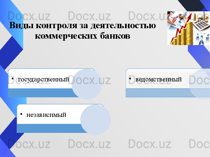 Виды контроля за деятельностью 
коммерческих банков
•
государственный •
ведомственный
•
независимый