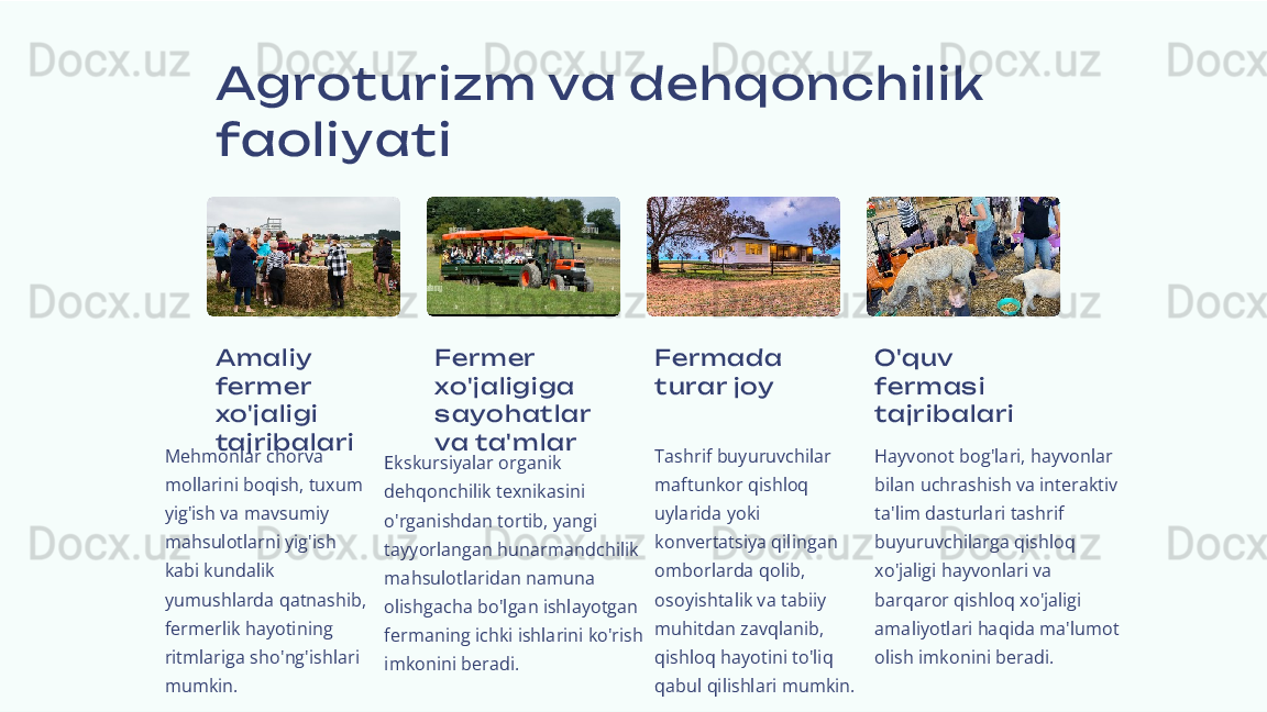 Agroturizm  va dehqonchilik  
faoliyati
A maliy 
fermer 
xo'jaligi 
tajribalari
Mehmonlar chorva 
mollarini boqish, tuxum 
yig'ish va mavsumiy 
mahsulotlarni yig'ish 
kabi kundalik 
yumushlarda qatnashib, 
fermerlik hayotining 
ritmlariga sho'ng'ishlari 
mumkin. Fermer 
xo'jaligiga 
s ayohatlar 
va ta'mlar
Ekskursiyalar organik 
dehqonchilik texnikasini 
o'rganishdan tortib, yangi 
tayyorlangan hunarmandchilik 
mahsulotlaridan namuna 
olishgacha bo'lgan ishlayotgan 
fermaning ichki ishlarini ko'rish 
imkonini beradi. Fermada 
turar joy
Tashrif buyuruvchilar 
maftunkor qishloq 
uylarida yoki 
konvertatsiya qilingan 
omborlarda qolib, 
osoyishtalik va tabiiy 
muhitdan zavqlanib, 
qishloq hayotini to'liq 
qabul qilishlari mumkin. O'quv 
fermas i 
tajribalari
Hayvonot bog'lari, hayvonlar 
bilan uchrashish va interaktiv 
ta'lim dasturlari tashrif 
buyuruvchilarga qishloq 
xo'jaligi hayvonlari va 
barqaror qishloq xo'jaligi 
amaliyotlari haqida ma'lumot 
olish imkonini beradi. 