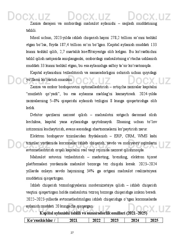 27Zaxira   darajasi   va   ombordagi   mahsulot   aylanishi   –   saqlash   muddatining
tahlili.
Misol  uchun, 2023-yilda ishlab chiqarish hajmi 278,2 trillion so‘mni tashkil
etgan   bo‘lsa,   foyda   187,4   trillion   so‘m   bo‘lgan.   Kapital   aylanish   muddati   133
kunni   tashkil   qilib,   2,7   martalik   koeffitsiyentga   olib   kelgan.   Bu   ko‘rsatkichni
tahlil qilish natijasida aniqlanganki, ombordagi mahsulotning o‘rtacha ushlanish
muddati 33 kunni tashkil etgan, bu esa aylanishga salbiy ta’sir ko‘rsatmoqda.
Kapital   aylanishini   tezlashtirish   va   samaradorligini   oshirish   uchun   quyidagi
yo‘llarni ko‘rsatish mumkin:
Zaxira va ombor boshqaruvini optimallashtirish – ortiqcha zaxiralar kapitalni
“muzlatib   qo‘yadi”,   bu   esa   aylanma   mablag‘ni   kamaytiradi.   2024-yilda
zaxiralarning   5–8%   qisqarishi   aylanish   tezligini   8   kunga   qisqartirishga   olib
keldi.
Debitor   qarzlarni   nazorat   qilish   –   mahsulotni   sotgach   daromad   olish
kechiksa,   kapital   yana   aylanishga   qaytolmaydi.   Shuning   uchun   to‘lov
intizomini kuchaytirish, avans asosidagi shartnomalarni ko‘paytirish zarur.
Elektron   boshqaruv   tizimlaridan   foydalanish   –   ERP,   CRM,   WMS   kabi
tizimlar   yordamida   korxonalar   ishlab   chiqarish,   savdo   va   moliyaviy   oqimlarni
avtomatlashtirish orqali kapitalni real vaqt rejimida nazorat qilishmoqda.
Mahsulot   sotuvini   tezlashtirish   –   marketing,   brending,   elektron   tijorat
platformalari   yordamida   mahsulot   bozorga   tez   chiqishi   kerak.   2023–2024
yillarda   onlayn   savdo   hajmining   34%   ga   ortgani   mahsulot   realizatsiyasi
muddatini qisqartirgan.
Ishlab   chiqarish   texnologiyalarini   modernizatsiya   qilish   –   ishlab   chiqarish
vaqtini qisqartirgan holda mahsulotni tezroq bozorga chiqarishga imkon beradi.
2022–2023-yillarda avtomatlashtirilgan ishlab chiqarishga o‘tgan korxonalarda
aylanish muddati 20 kungacha qisqargan.
Kapital aylanishi tahlili va samaradorlik omillari (2021–2025)
Ko‘rsatkichlar / 2021 2022 2023 2024 2025 