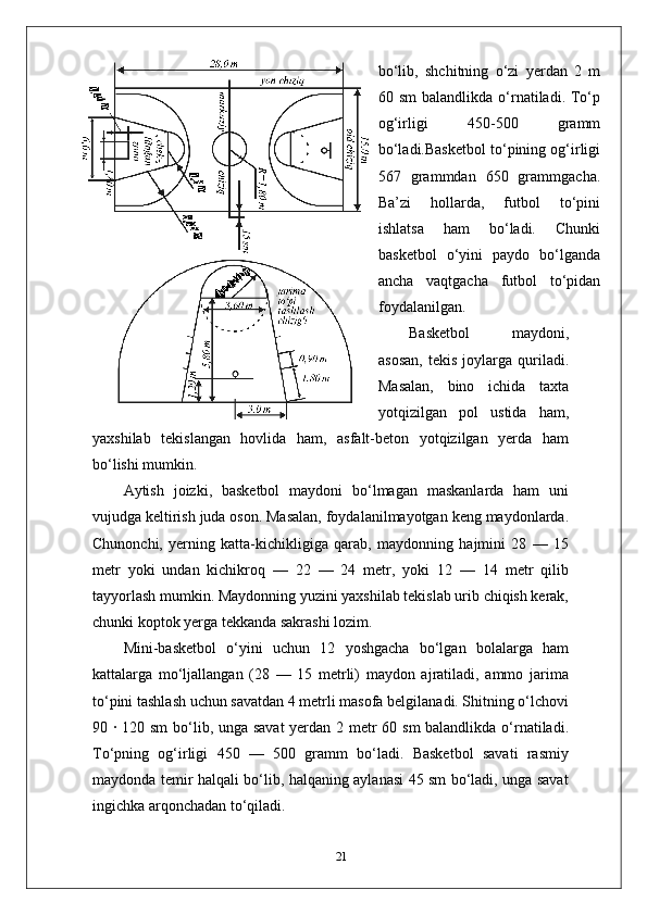 bo‘lib,   shchitning   o‘zi   yerdan   2   m
60 sm  balandlikda  o‘rnatiladi.  To‘p
og‘irligi   450-500   gramm
bo‘ladi.Basketbol to‘pining og‘irligi
567   grammdan   650   grammgacha.
Ba’zi   hollarda,   futbol   to‘pini
ishlatsa   ham   bo‘ladi.   Chunki
basketbol   o‘yini   paydo   bo‘lganda
ancha   vaqtgacha   futbol   to‘pidan
foydalanilgan.
Basketbol   maydoni,
asosan,   tekis   joylarga   quriladi.
Masalan,   bino   ichida   taxta
yotqizilgan   pol   ustida   ham,
yaxshilab   tekislangan   hovlida   ham,   asfalt-beton   yotqizilgan   yerda   ham
bo‘lishi mumkin.
Aytish   joizki,   basketbol   maydoni   bo‘lmagan   maskanlarda   ham   uni
vujudga keltirish juda oson. Masalan, foydalanilmayotgan keng maydonlarda.
Chunonchi,   yerning   katta-kichikligiga   qarab,   maydonning   hajmini   28   —   15
metr   yoki   undan   kichikroq   —   22   —   24   metr,   yoki   12   —   14   metr   qilib
tayyorlash mumkin. Maydonning yuzini yaxshilab tekislab urib chiqish kerak,
chunki koptok yerga tekkanda sakrashi lozim.
Mini-basketbol   o‘yini   uchun   12   yoshgacha   bo‘lgan   bolalarga   ham
kattalarga   mo‘ljallangan   (28   —   15   metrli)   maydon   ajratiladi,   ammo   jarima
to‘pini tashlash uchun savatdan 4 metrli masofa belgilanadi. Shitning o‘lchovi
90   ·   120 sm  bo‘lib, unga savat  yerdan 2 metr  60 sm  balandlikda o‘rnatiladi.
To‘pning   og‘irligi   450   —   500   gramm   bo‘ladi.   Basketbol   savati   rasmiy
maydonda temir halqali bo‘lib, halqaning aylanasi 45 sm bo‘ladi, unga savat
ingichka arqonchadan to‘qiladi.
21 
