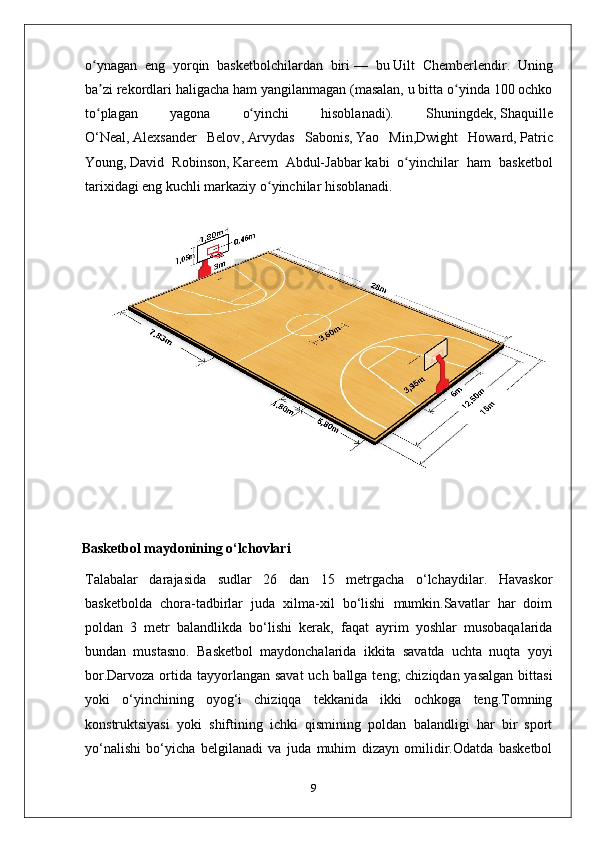 o ynagan   eng   yorqin   basketbolchilardan   biriʻ   —   bu   Uilt   Chemberlendir .   Uning
ba zi rekordlari haligacha ham yangilanmagan (masalan, u bitta o yinda 100 ochko
ʼ ʻ
to plagan   yagona   o yinchi   hisoblanadi).   Shuningdek,
ʻ ʻ   Shaquille
O‘Neal ,   Alexsander   Belov ,   Arvydas   Sabonis ,   Yao   Min , Dwight   Howard ,   Patric
Young ,   David   Robinson ,   Kareem   Abdul-Jabbar   kabi   o yinchilar   ham   basketbol	
ʻ
tarixidagi eng kuchli markaziy o yinchilar hisoblanadi.	
ʻ
Basketbol maydonining o‘lchovlari 
Talabalar   darajasida   sudlar   26   dan   15   metrgacha   o‘lchaydilar.   Havaskor
basketbolda   chora-tadbirlar   juda   xilma-xil   bo‘lishi   mumkin.Savatlar   har   doim
poldan   3   metr   balandlikda   bo‘lishi   kerak,   faqat   ayrim   yoshlar   musobaqalarida
bundan   mustasno.   Basketbol   maydonchalarida   ikkita   savatda   uchta   nuqta   yoyi
bor.Darvoza ortida tayyorlangan savat  uch ballga teng;  chiziqdan yasalgan  bittasi
yoki   o‘yinchining   oyog‘i   chiziqqa   tekkanida   ikki   ochkoga   teng.Tomning
konstruktsiyasi   yoki   shiftining   ichki   qismining   poldan   balandligi   har   bir   sport
yo‘nalishi   bo‘yicha   belgilanadi   va   juda   muhim   dizayn   omilidir.Odatda   basketbol
9 